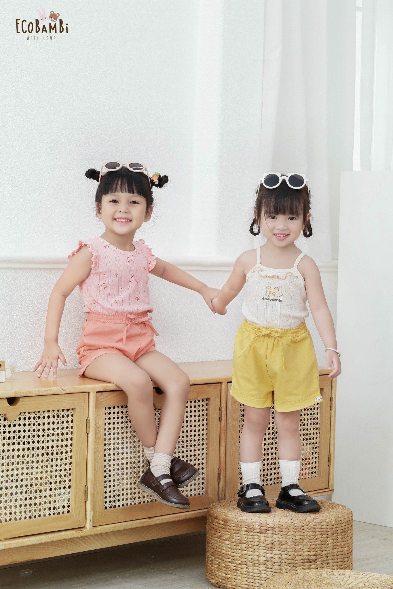 Bộ thun cotton 2 dây QUẦN LỬNG phong cách Hàn Quốc kiểu dệt jacquard in hoạ tiết Ecobambi