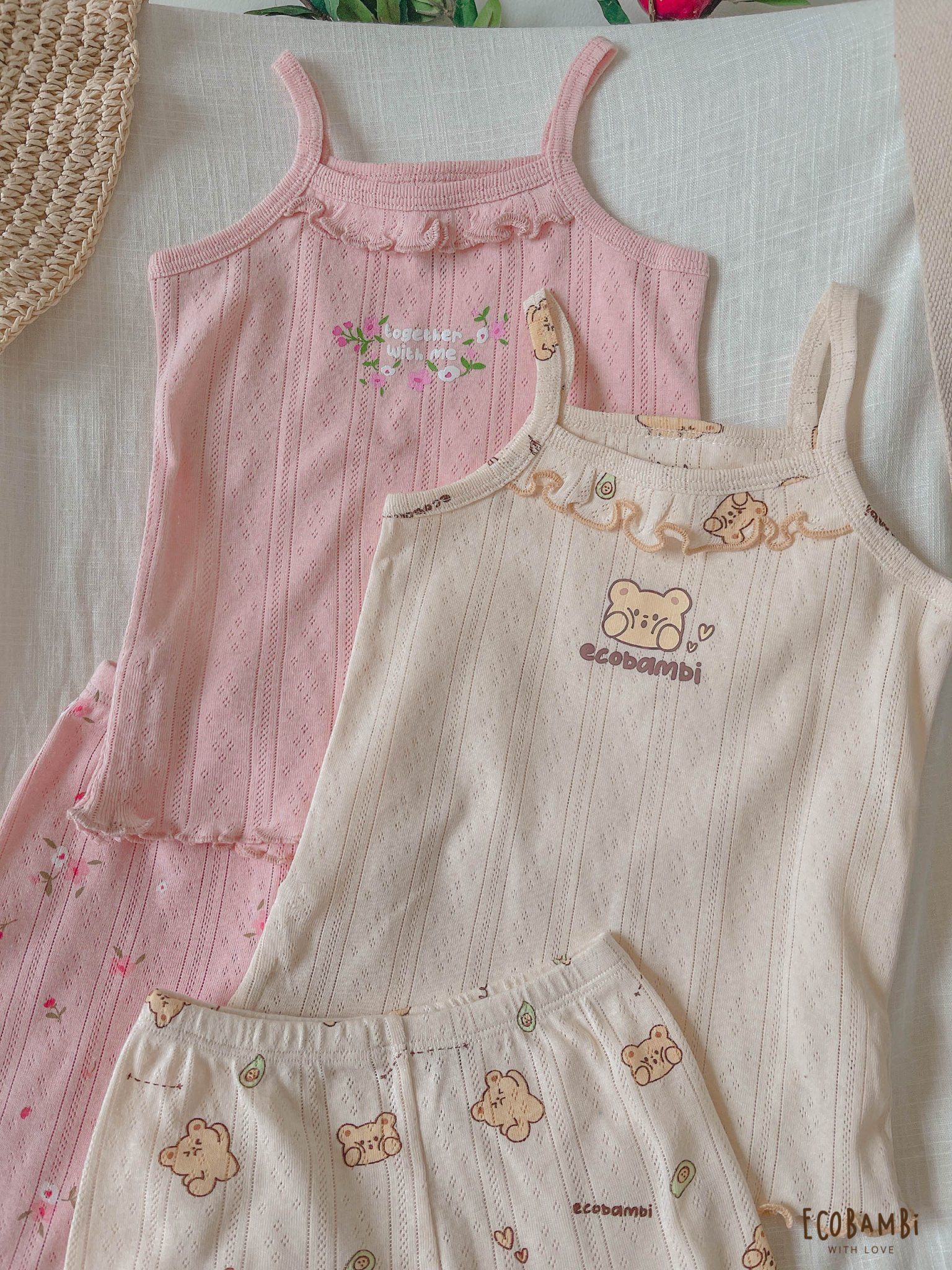 Bộ thun cotton 2 dây QUẦN LỬNG phong cách Hàn Quốc kiểu dệt jacquard in hoạ tiết Ecobambi