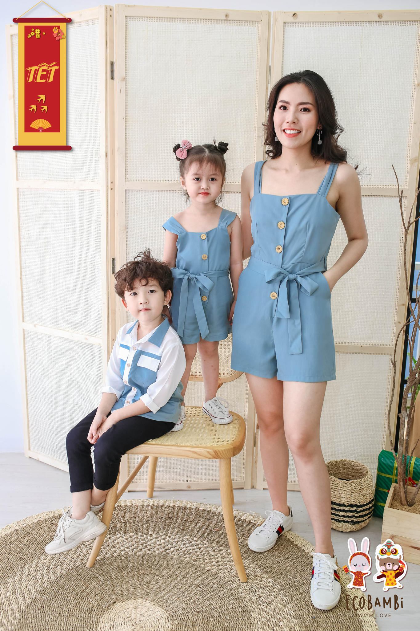 Jumpsuit shorts bé gái tencel xanh pastel