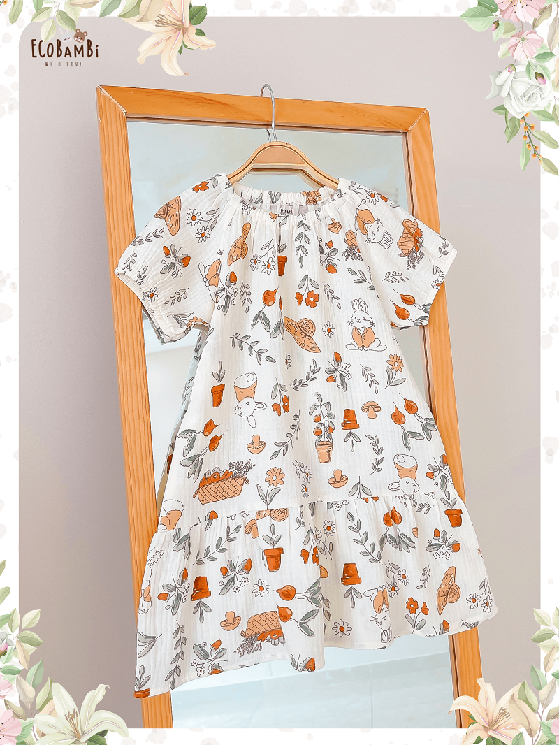 Đầm cotton muslin hoa cỏ mùa xuân dáng tay phồng - BB-23DAMBG002 - 8935334000148