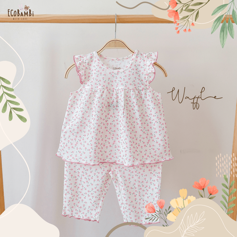 Bộ bé gái tay cánh tiên, quần lửng thun waffle in hoạ tiết hoa nhí dễ thương cho bé yêu - BB-23BOBG022 - ECOBAMBI