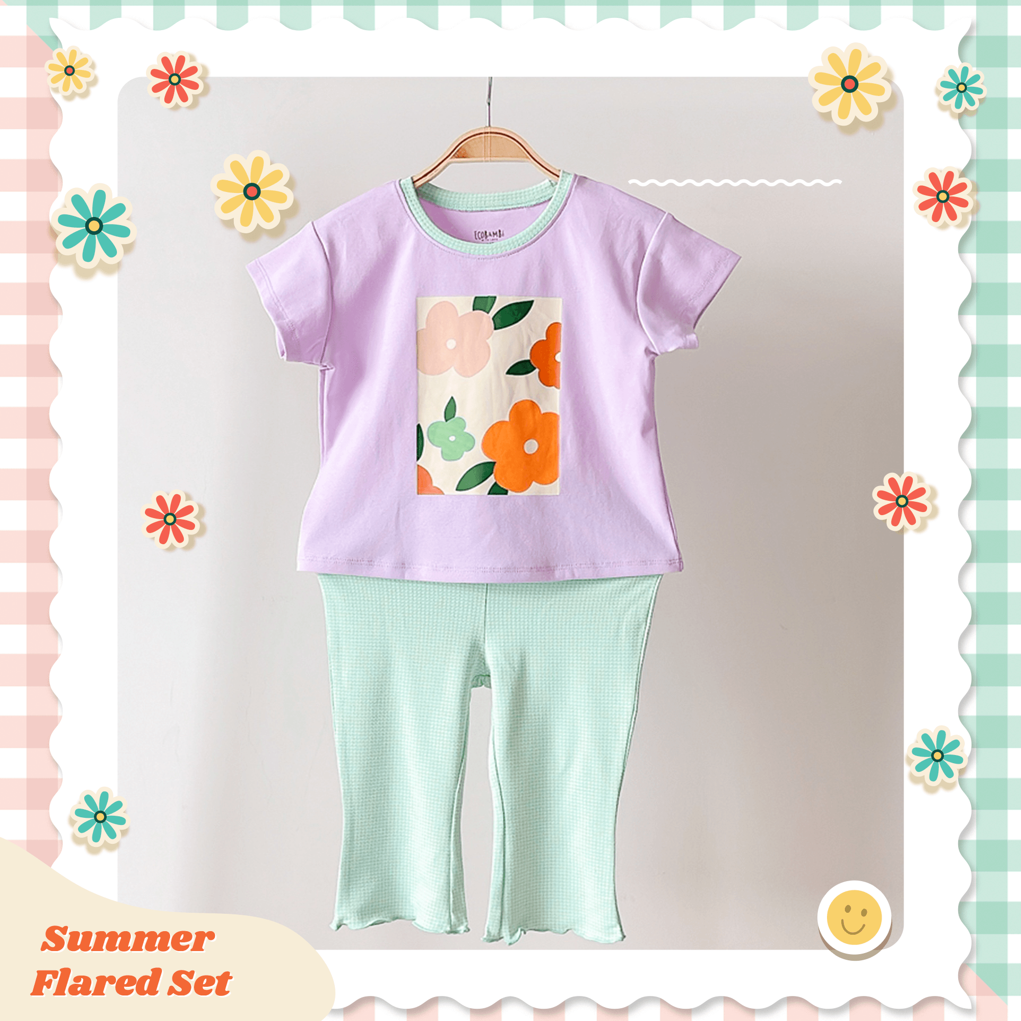 Bộ thun cotton tay ngắn, quần lỡ ống loe caro cho bé gái - BB-23BOBG004 - 8935334001213