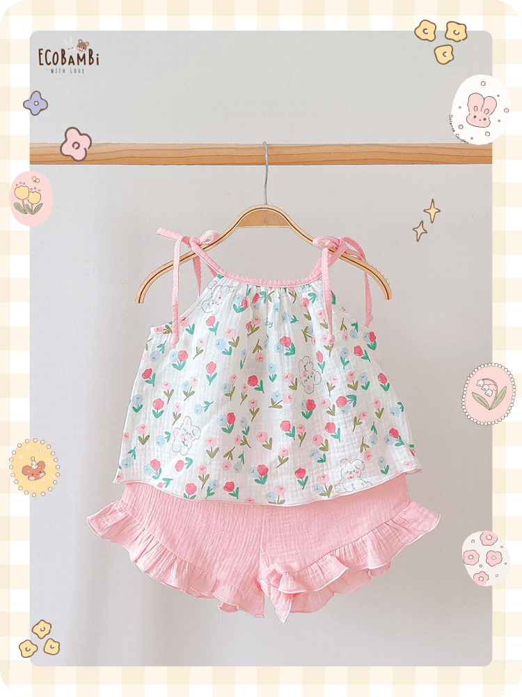 Restock - Bộ 2 dây CỔ YẾM, quần short cotton muslin in hoạ tiết đáng yêu cho bé gái Ecobambi - BB-23BOBG006 - 8935334000957