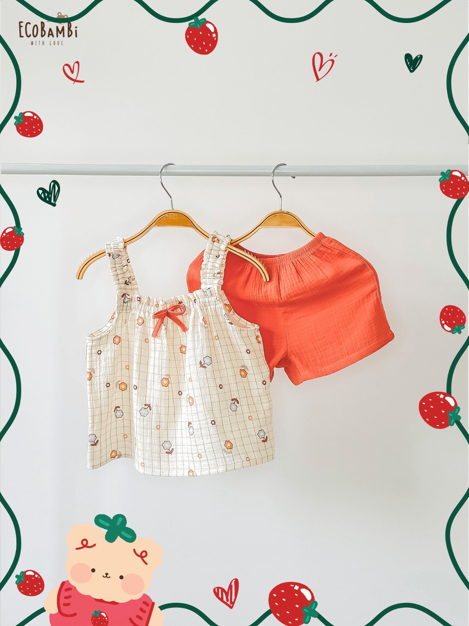 Bộ muslin 2 dây dún vai BÉ GÁI ECOBAMBI - BB-24BOBG011 - 8935334001473