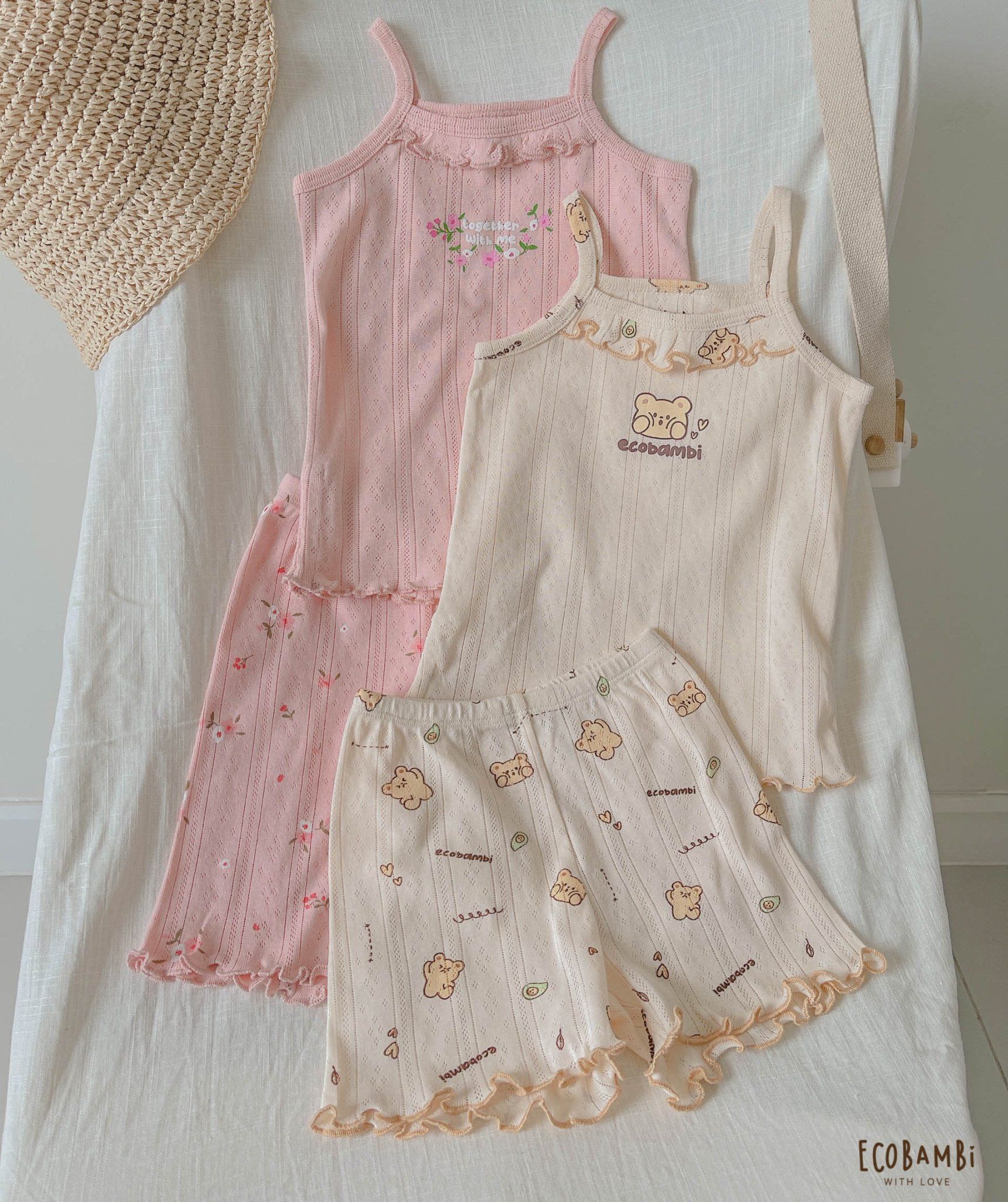 Bộ thun cotton 2 dây QUẦN LỬNG phong cách Hàn Quốc kiểu dệt jacquard in hoạ tiết Ecobambi