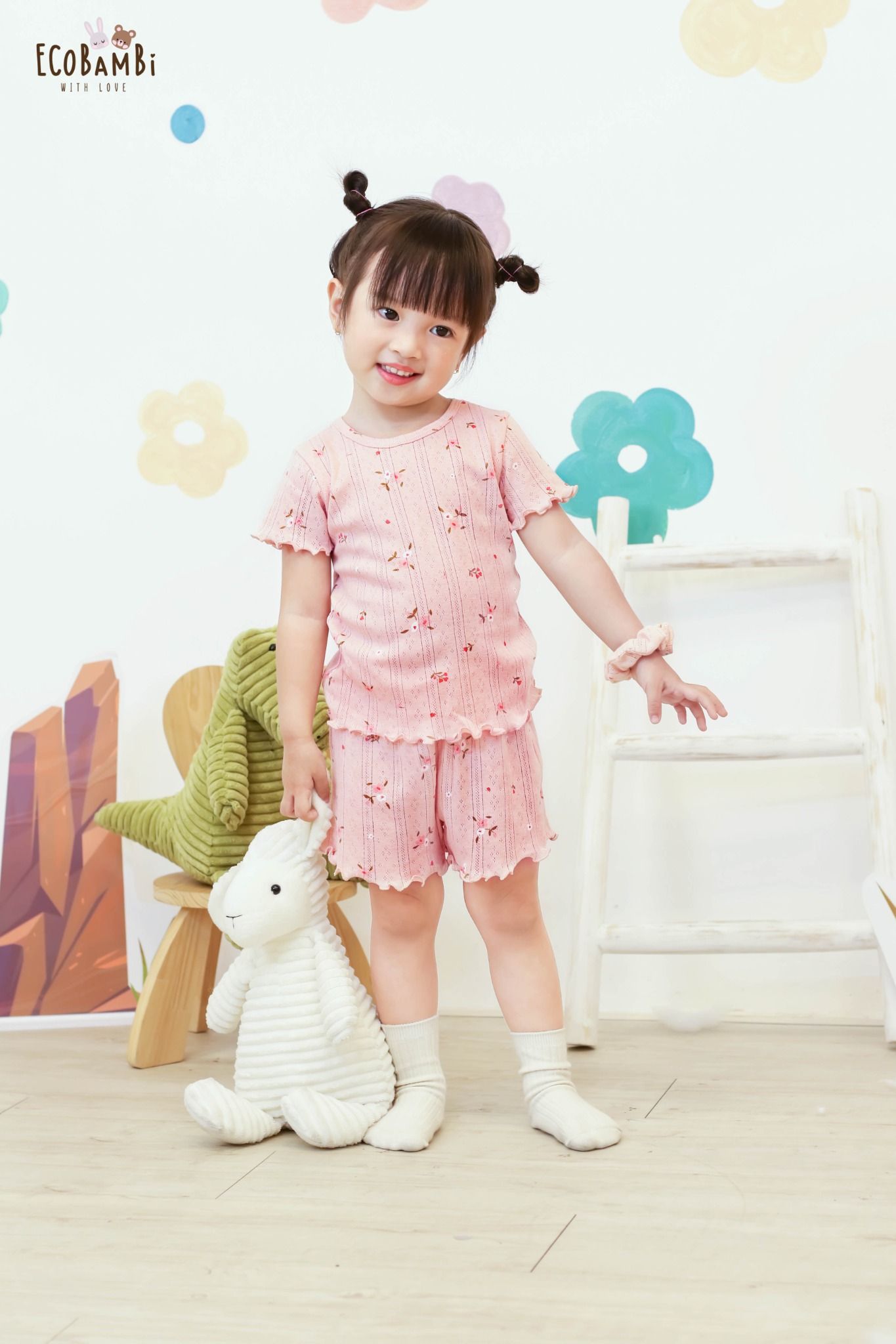 Bộ thun cotton Hàn bé gái TAY NGẮN kiểu dệt jacquard hoa nhí ECOBAMBI - 8935334000001
