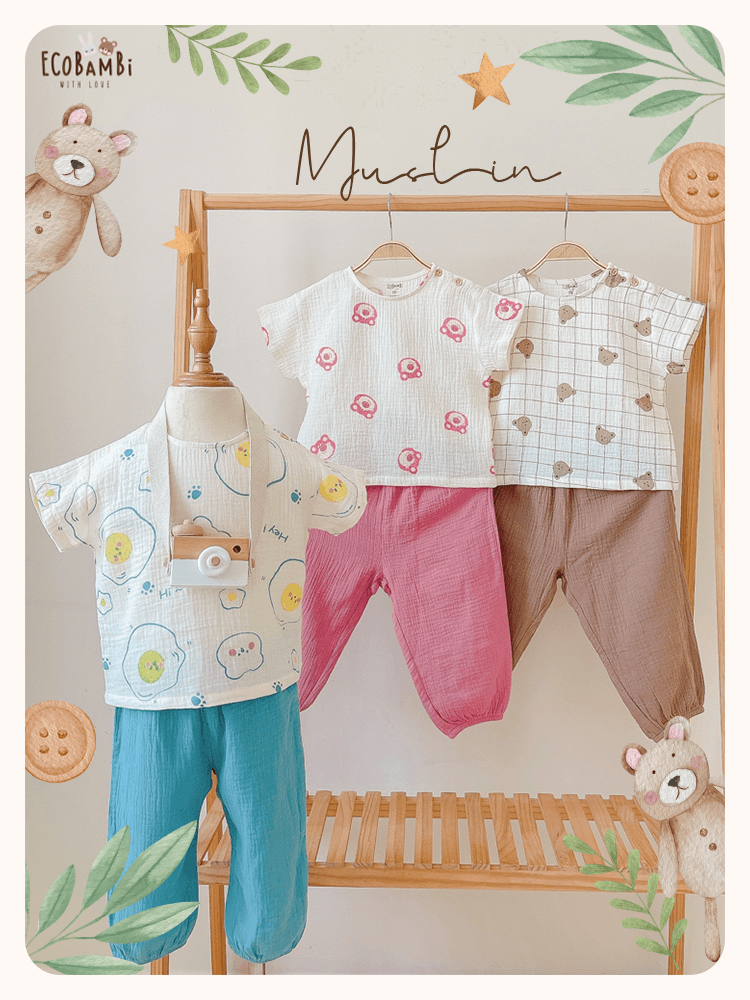Bộ cotton Muslin Unisex TAY NGẮN, QUẦN THỤNG phong cách Hàn Quốc in hoạ tiết Gấu trứng ốp la, Gấu caro và Gấu dâu cho bé - BB-23BO023 - 8935334000582