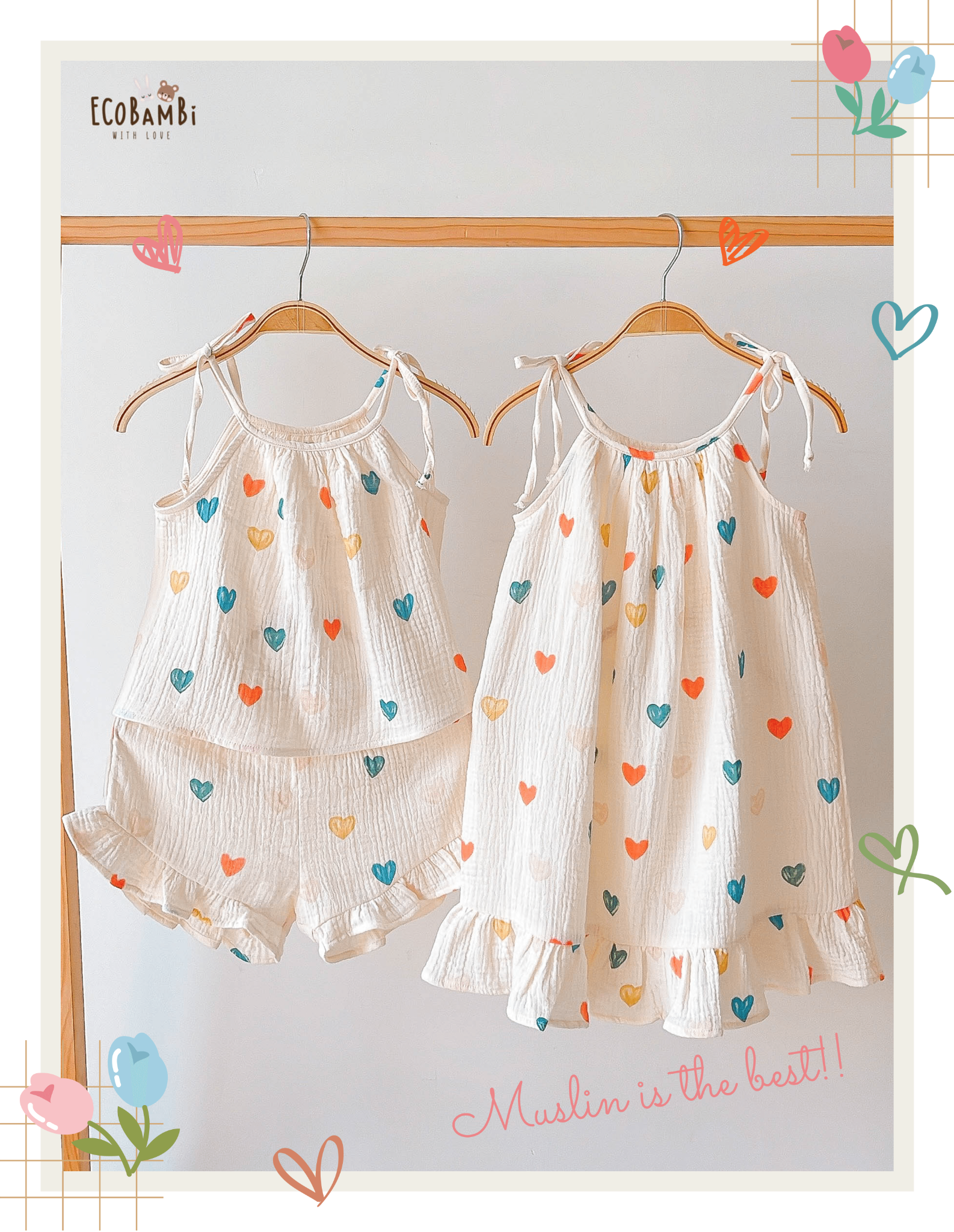 Bộ 2 dây CỔ YẾM, quần short cotton muslin in hoạ tiết đáng yêu cho bé gái Ecobambi - BB-23BOBG006 - 8935334000957