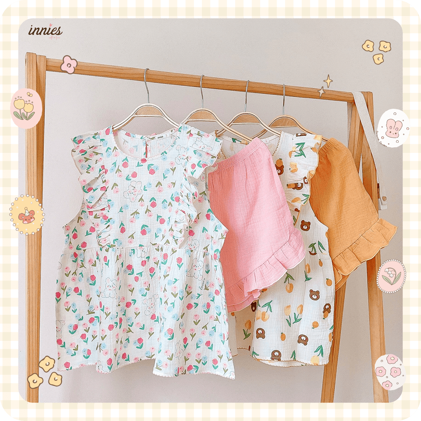 Bộ nữ 2 tay bèo cánh tiên, quần short cotton muslin, có in hoạ tiết đáng yêu Innies - IN-23BONU015 - 8935334001268