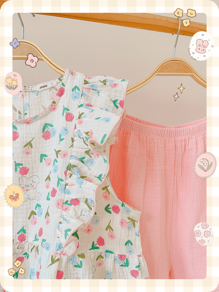 Bộ nữ 2 tay bèo cánh tiên, quần short cotton muslin, có in hoạ tiết đáng yêu Innies - IN-23BONU015 - 8935334001268