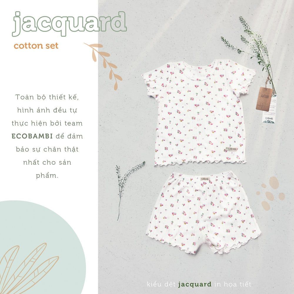 Bộ thun cotton Hàn bé gái tay ngắn kiểu dệt jacquard hoa nhí Ecobambi