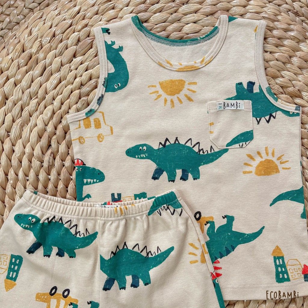 Bộ thun rib Hàn bé trai ba lỗ hoạ tiết khủng long Ecobambi