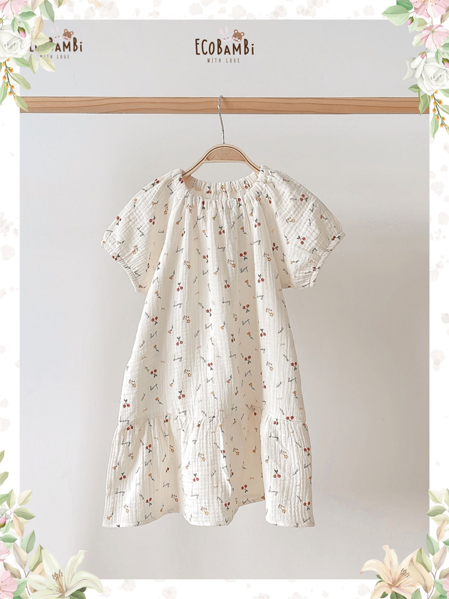 Đầm cotton muslin hoa cỏ mùa xuân dáng tay phồng - BB-23DAMBG002 - 8935334000148