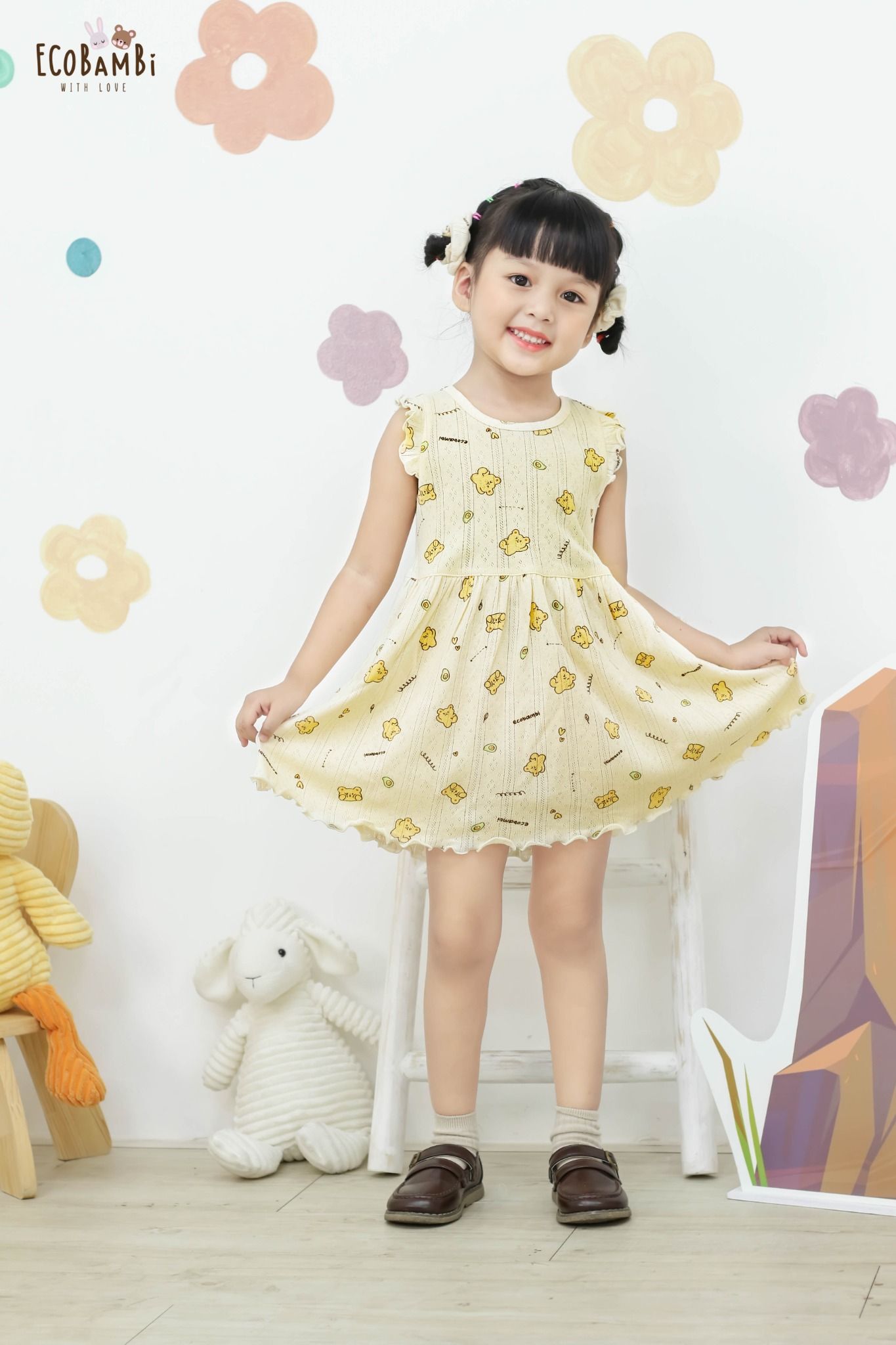 Đầm xoè Tay Cánh Tiên đáng yêu, kiểu dệt jacquard, chất liệu thun thông hơi cotton 100% in hoa tiết siêu dễ thương - Ecobambi