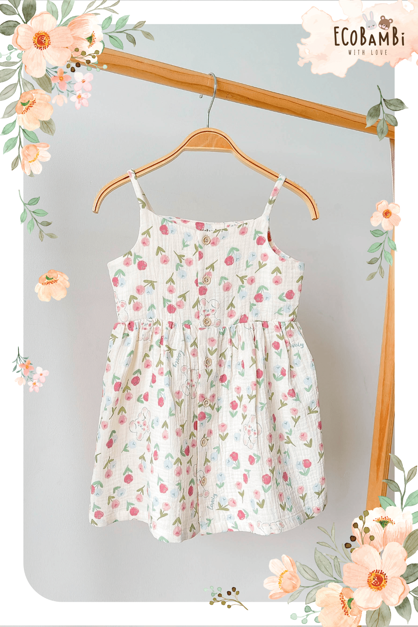 Đầm xoè 2 dây cotton muslin in hoạ tiết đáng yêu cho bé gái Ecobambi - BB-23DAMBG001 - 8935334000827