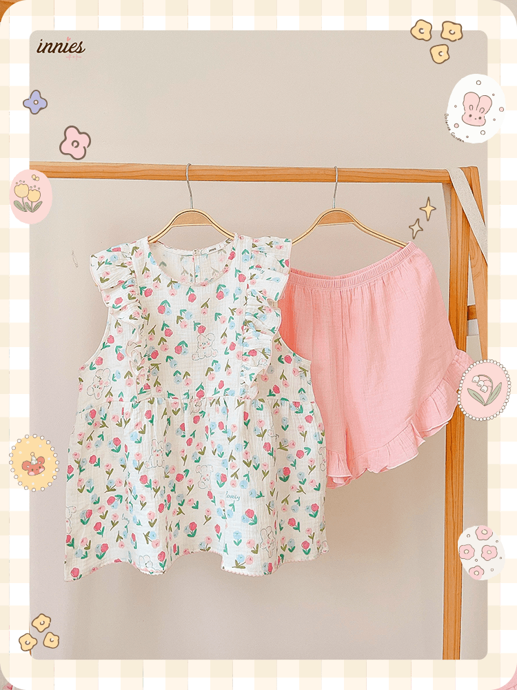 Bộ nữ 2 tay bèo cánh tiên, quần short cotton muslin, có in hoạ tiết đáng yêu Innies - IN-23BONU015 - 8935334001268