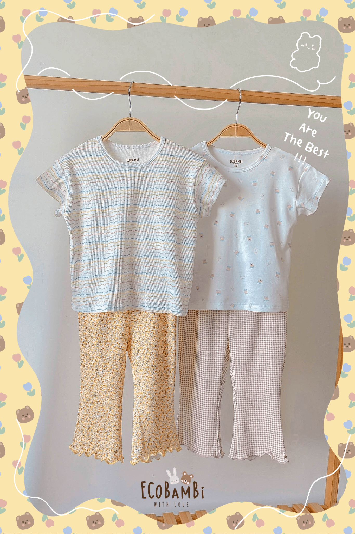 Bộ thun cotton tay ngắn, quần LỠ ỐNG LOE phong cách Hàn Quốc in hoạ tiết màu sắc dễ thương cho bé gái ECOBAMBI - BB-23BOBG004 - 8935334001213