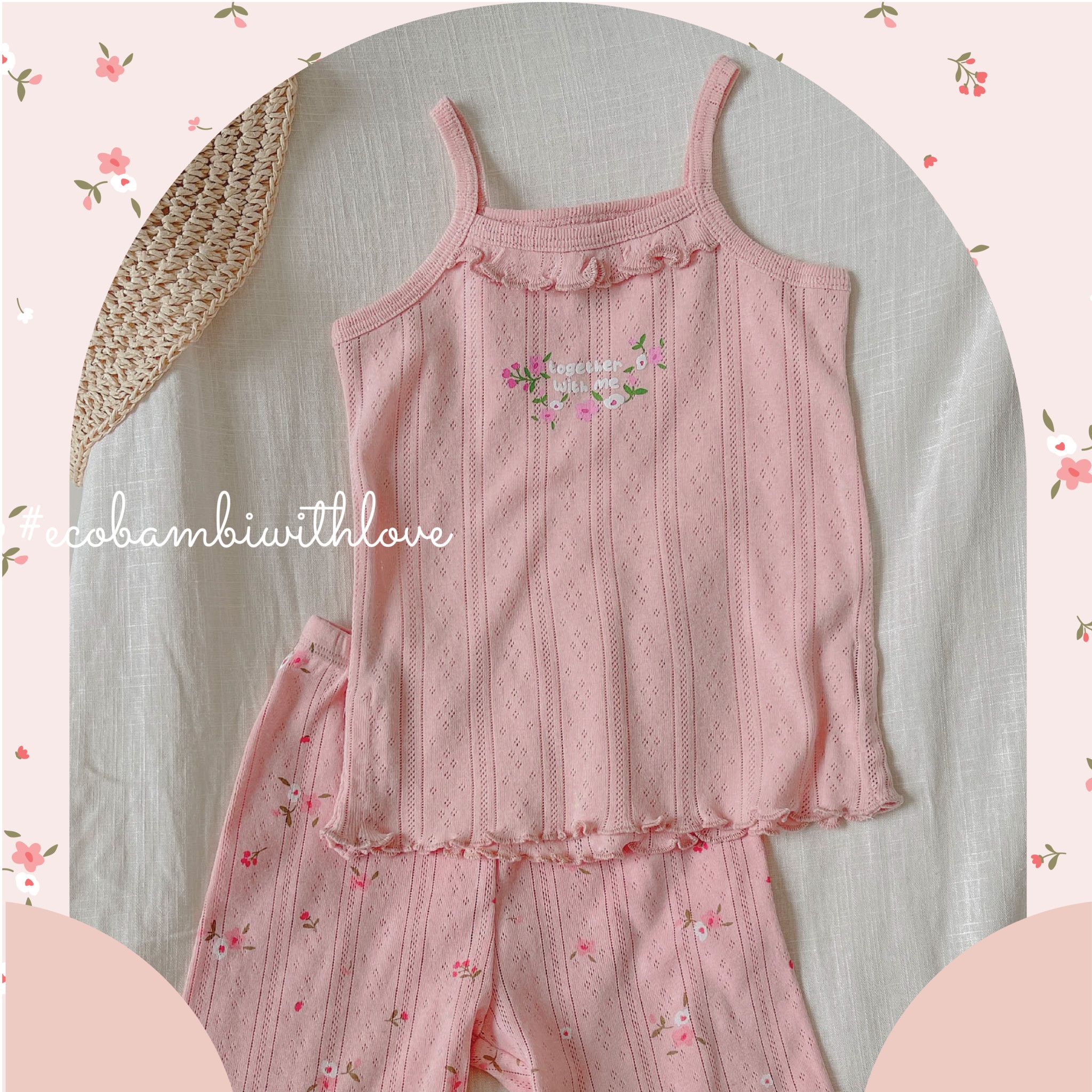 Bộ thun cotton 2 dây QUẦN LỬNG phong cách Hàn Quốc kiểu dệt jacquard in hoạ tiết Ecobambi