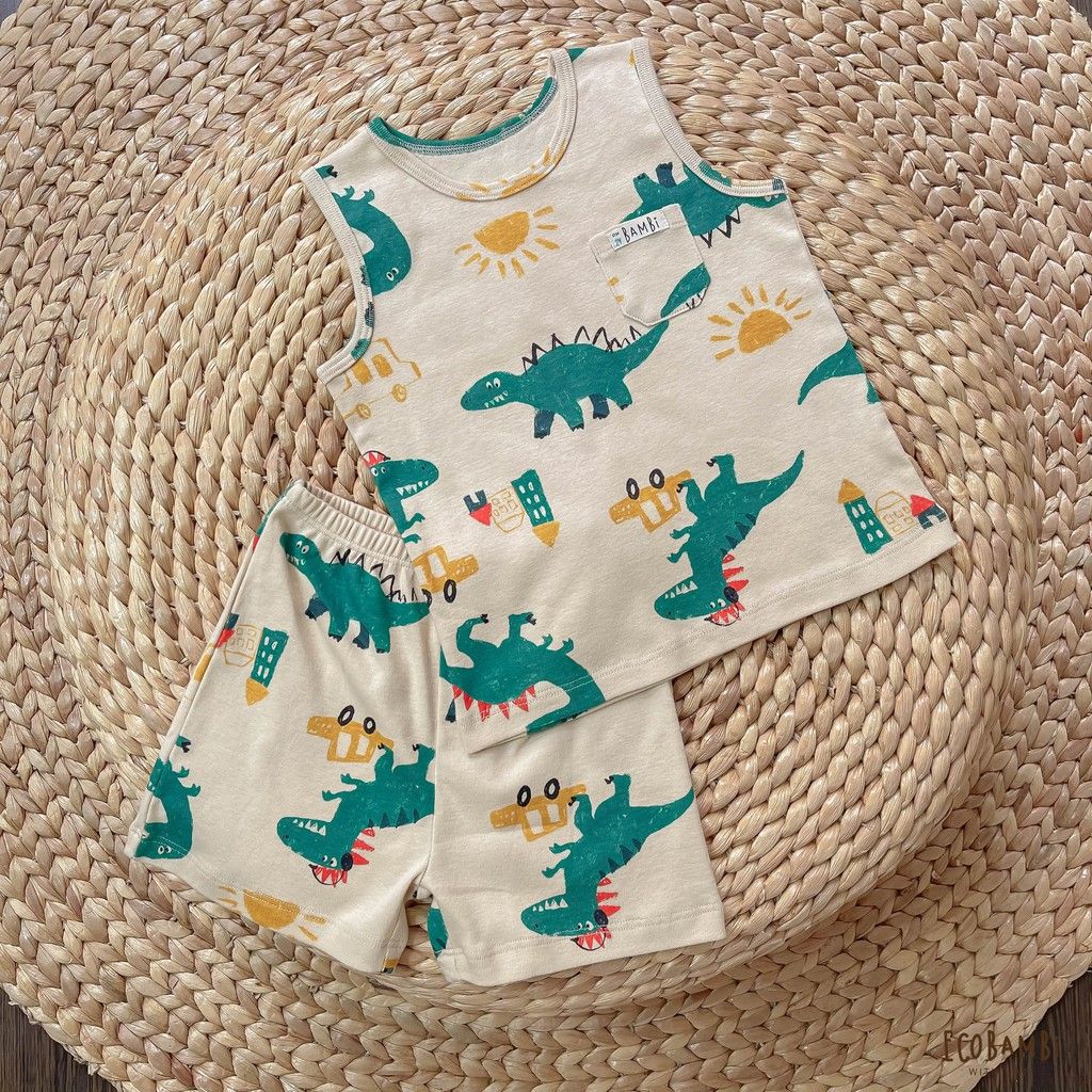 Bộ thun rib Hàn bé trai ba lỗ hoạ tiết khủng long Ecobambi