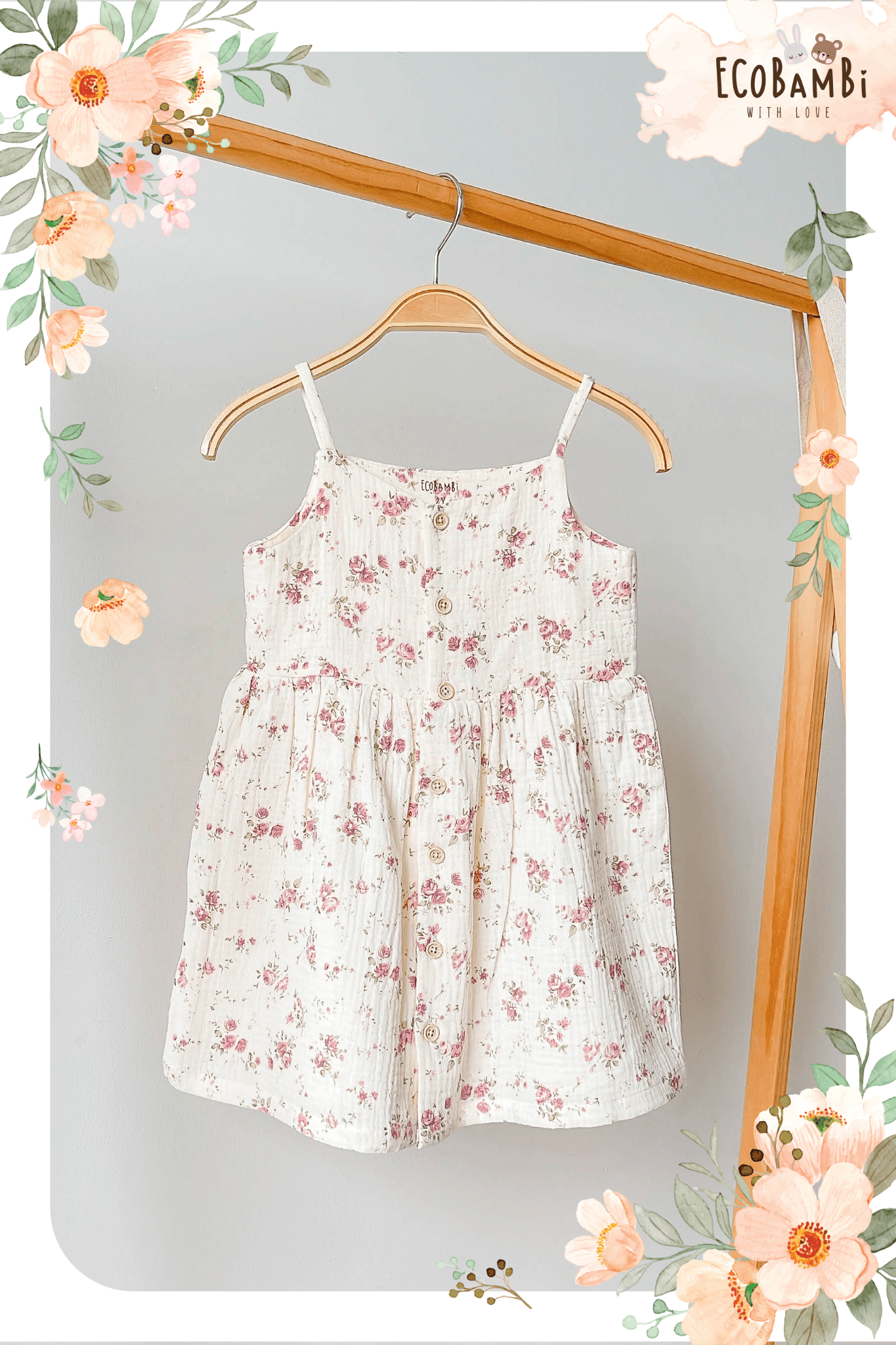 Đầm xoè 2 dây cotton muslin in hoạ tiết đáng yêu cho bé gái Ecobambi - BB-23DAMBG001 - 8935334000827