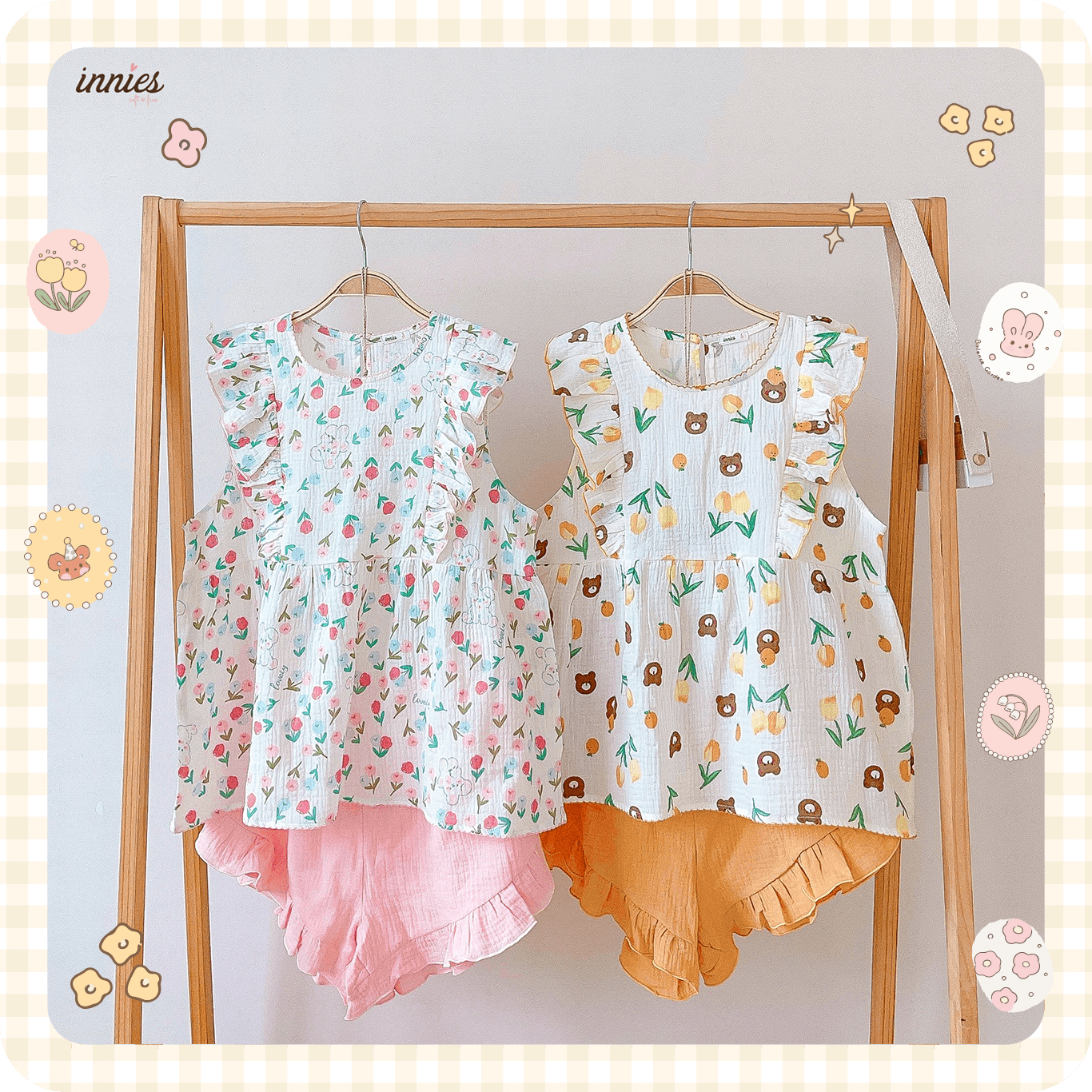 Bộ nữ 2 tay bèo cánh tiên, quần short cotton muslin, có in hoạ tiết đáng yêu Innies - IN-23BONU015 - 8935334001268