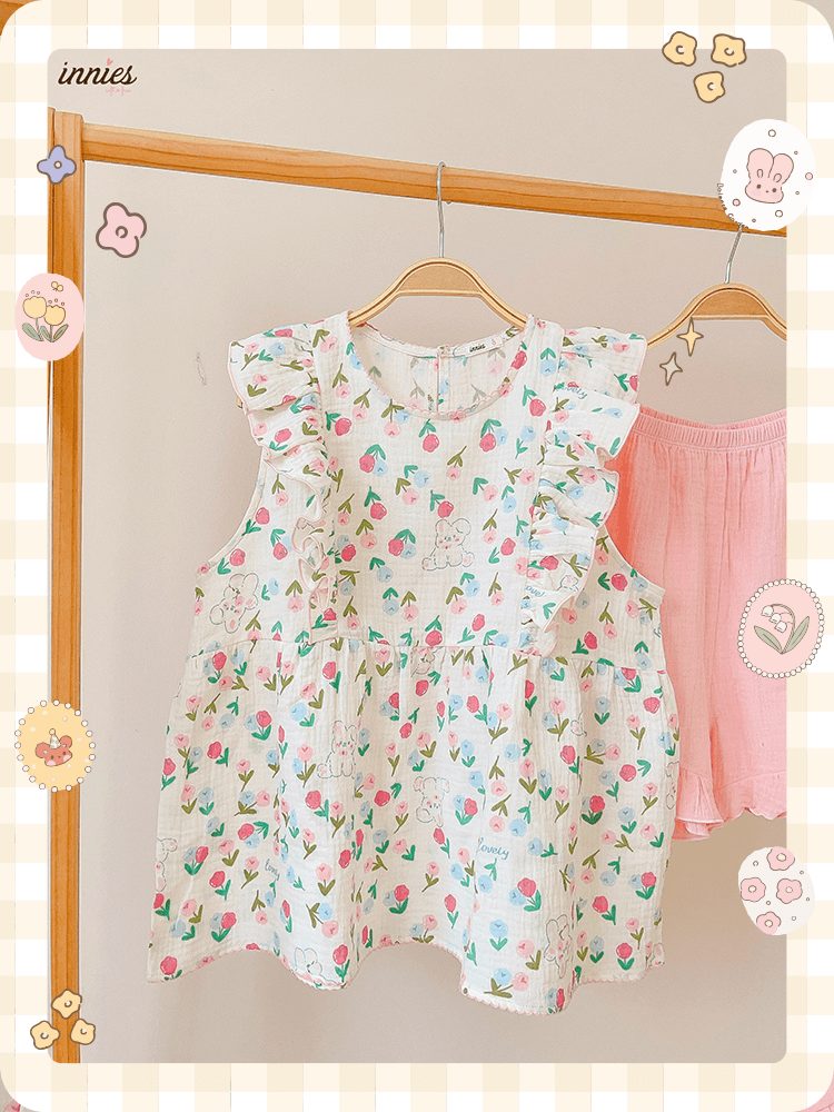 Bộ nữ 2 tay bèo cánh tiên, quần short cotton muslin, có in hoạ tiết đáng yêu Innies - IN-23BONU015 - 8935334001268