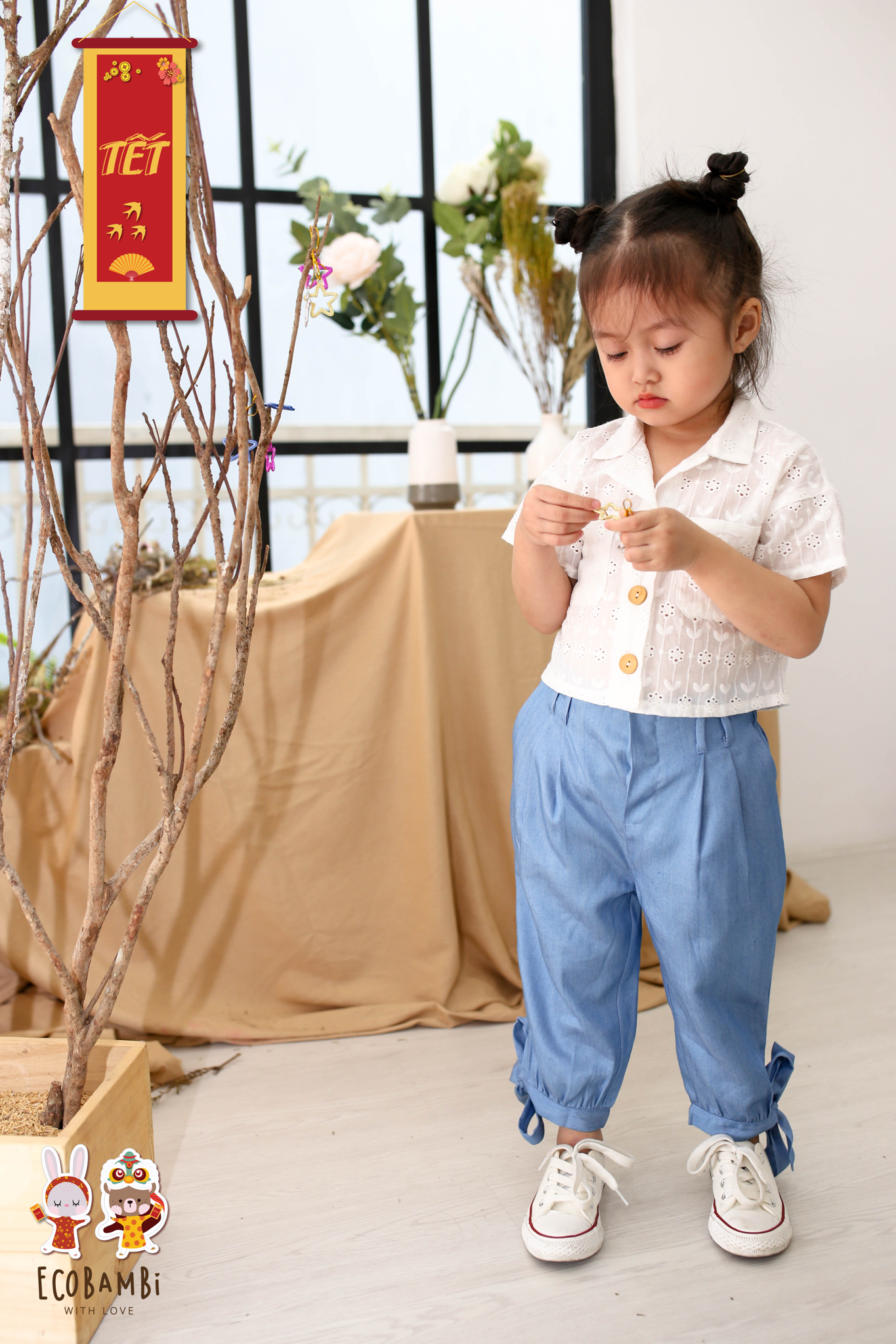 Quần baggy bé gái tencel denim