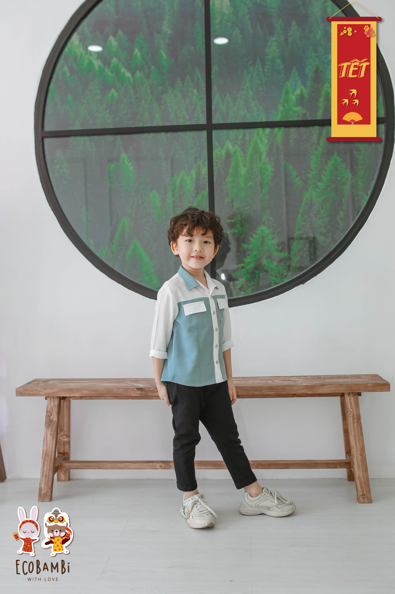 Áo sơ mi bé trai tay dài phối màu tencel