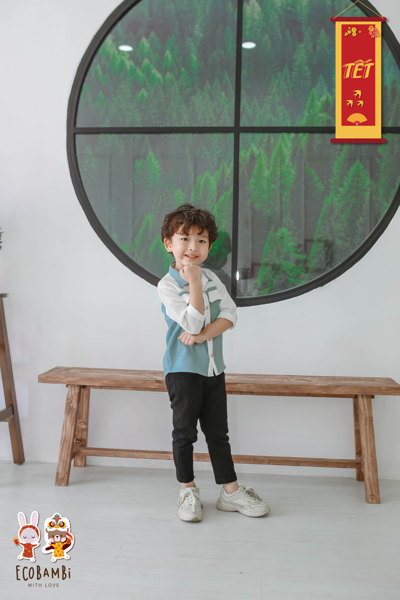Áo sơ mi bé trai tay dài phối màu tencel