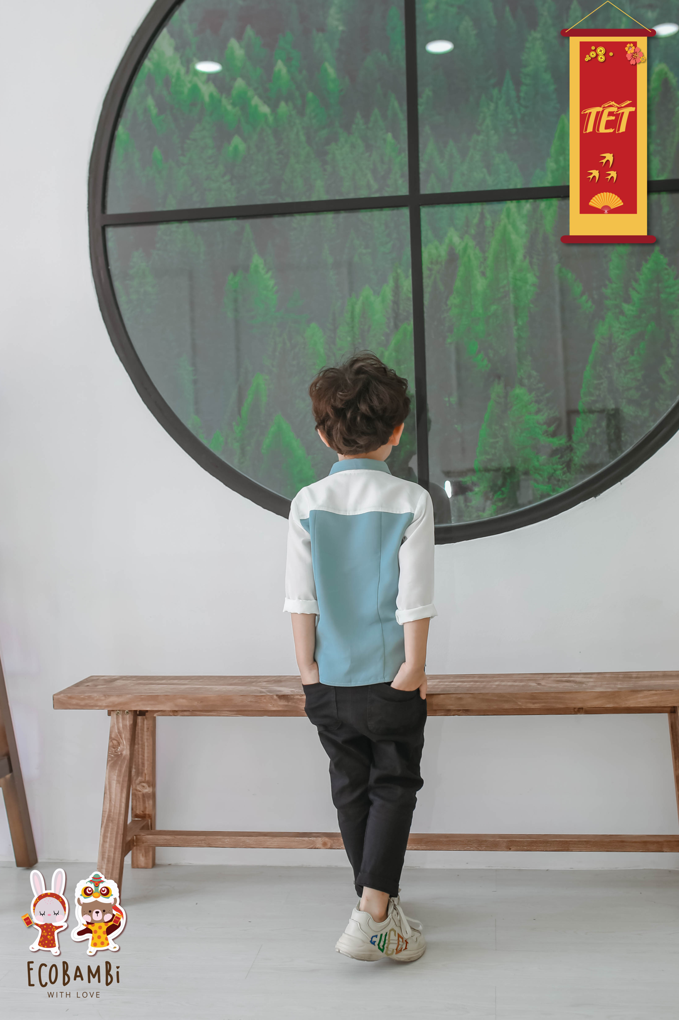 Áo sơ mi bé trai tay dài phối màu tencel