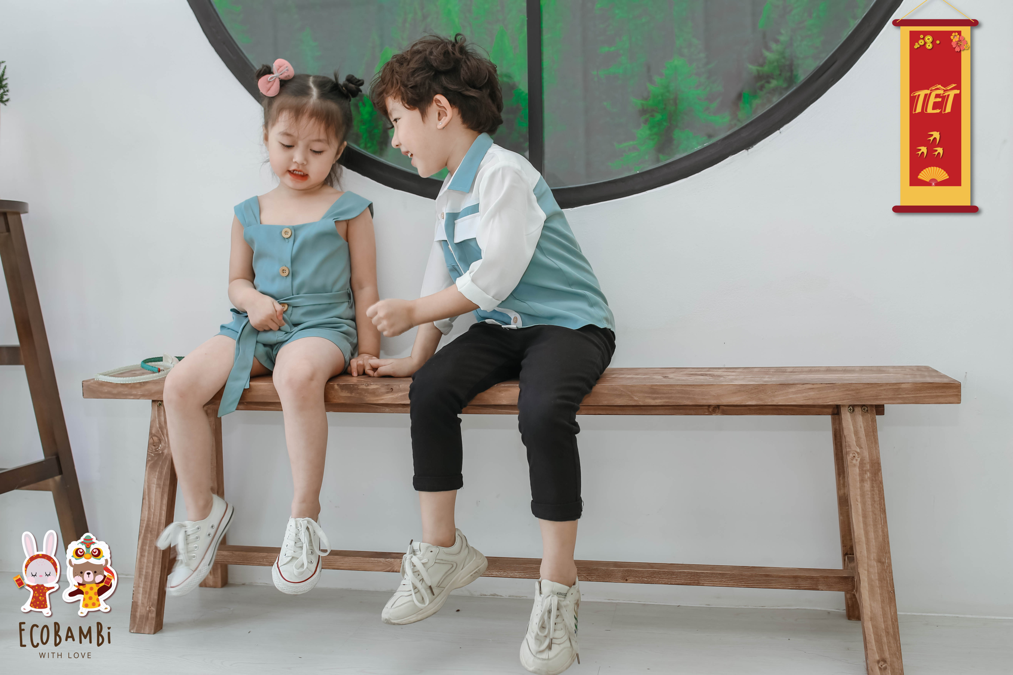 Jumpsuit shorts bé gái tencel xanh pastel