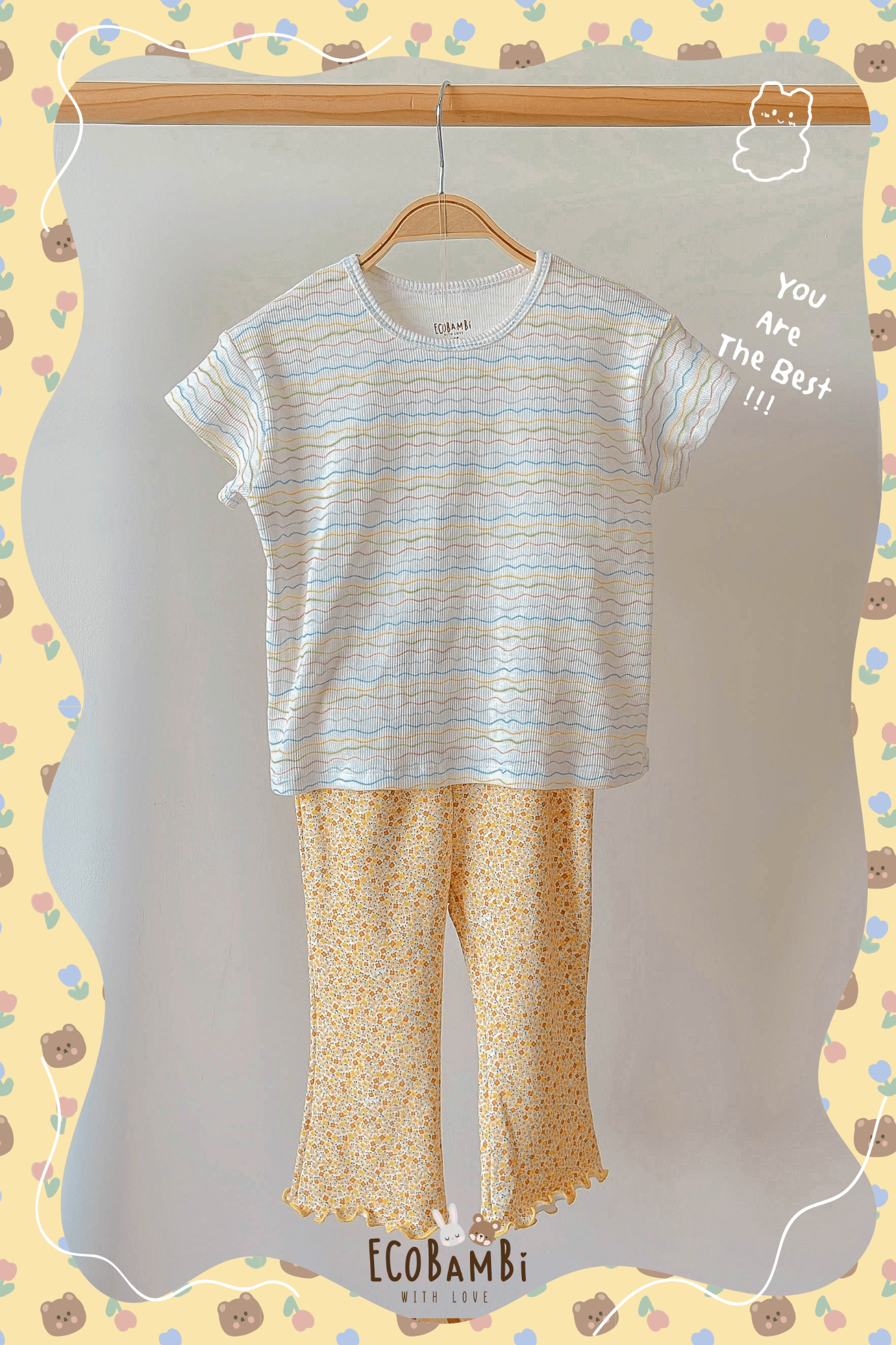 Bộ thun cotton tay ngắn, quần LỠ ỐNG LOE phong cách Hàn Quốc in hoạ tiết màu sắc dễ thương cho bé gái ECOBAMBI - BB-23BOBG004 - 8935334001213