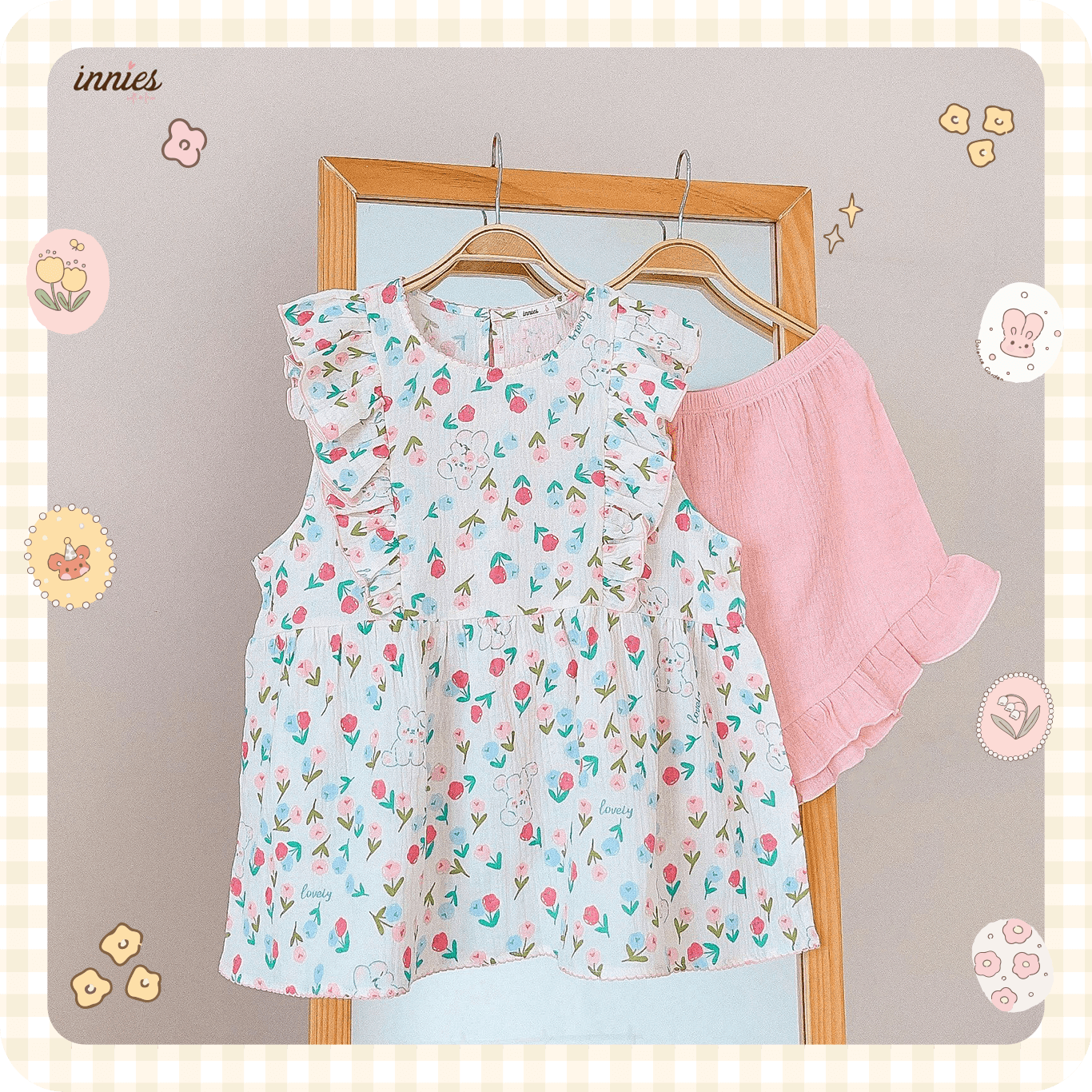 Bộ nữ 2 tay bèo cánh tiên, quần short cotton muslin, có in hoạ tiết đáng yêu Innies - IN-23BONU015 - 8935334001268