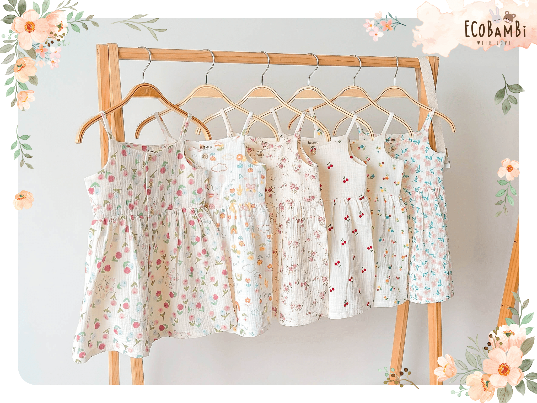 Đầm xoè 2 dây cotton muslin in hoạ tiết đáng yêu cho bé gái Ecobambi - BB-23DAMBG001 - 8935334000827