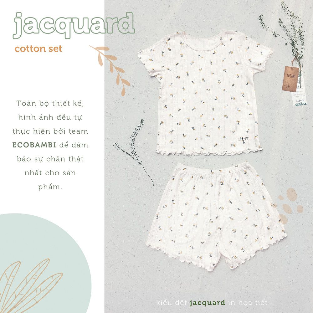 Bộ thun cotton Hàn bé gái tay ngắn kiểu dệt jacquard hoa nhí Ecobambi
