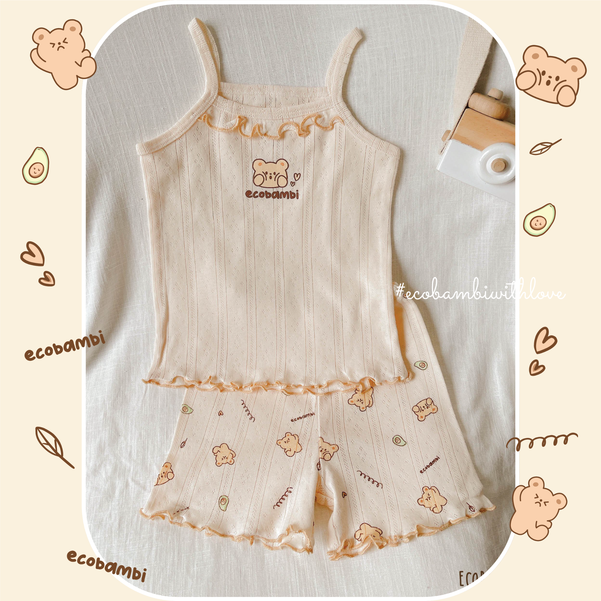 Bộ thun thông hơi 2 dây QUẦN NGẮN phong cách Hàn Quốc kiểu dệt jacquard in hoạ tiết Ecobambi