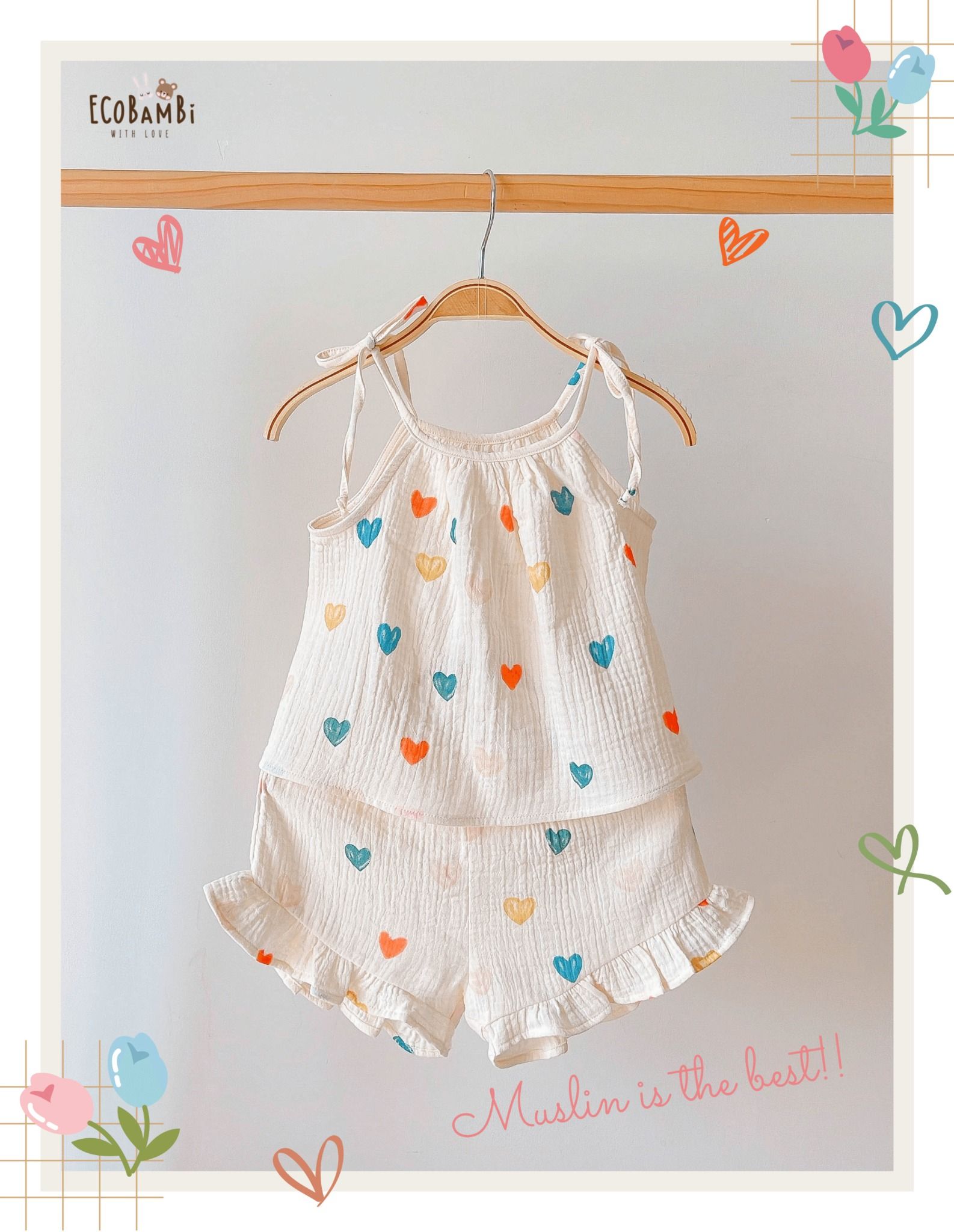 Bộ 2 dây CỔ YẾM, quần short cotton muslin in hoạ tiết đáng yêu cho bé gái Ecobambi - BB-23BOBG006 - 8935334000957