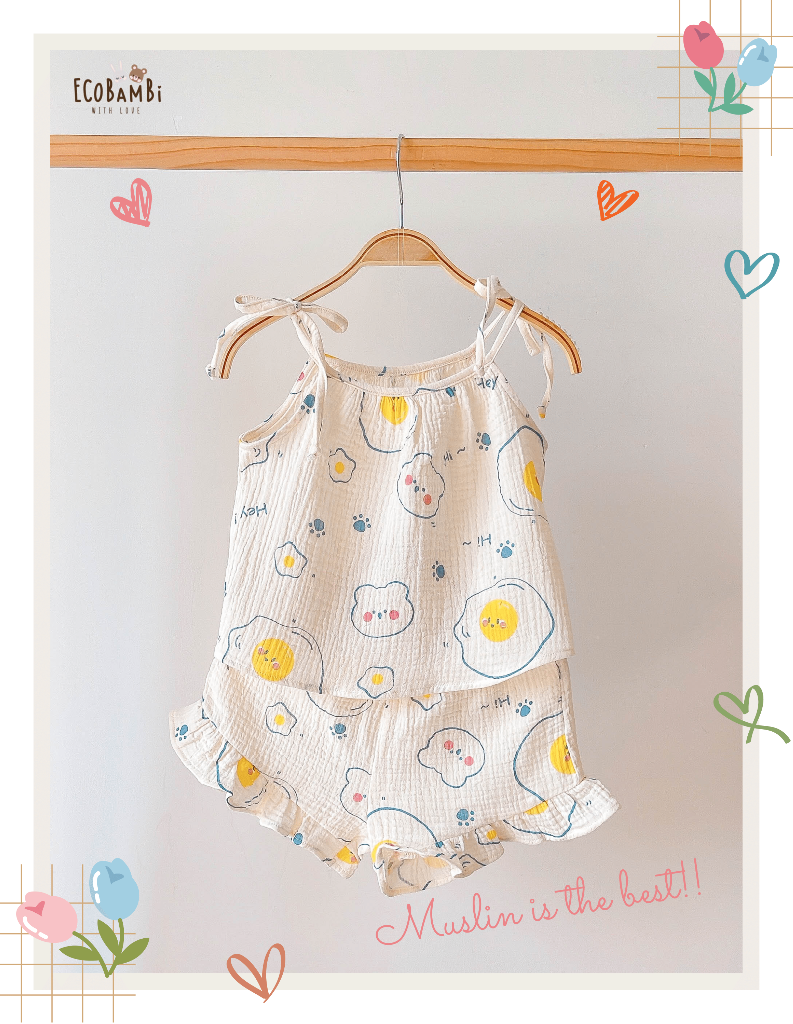 Bộ 2 dây CỔ YẾM, quần short cotton muslin in hoạ tiết đáng yêu cho bé gái Ecobambi - BB-23BOBG006 - 8935334000957