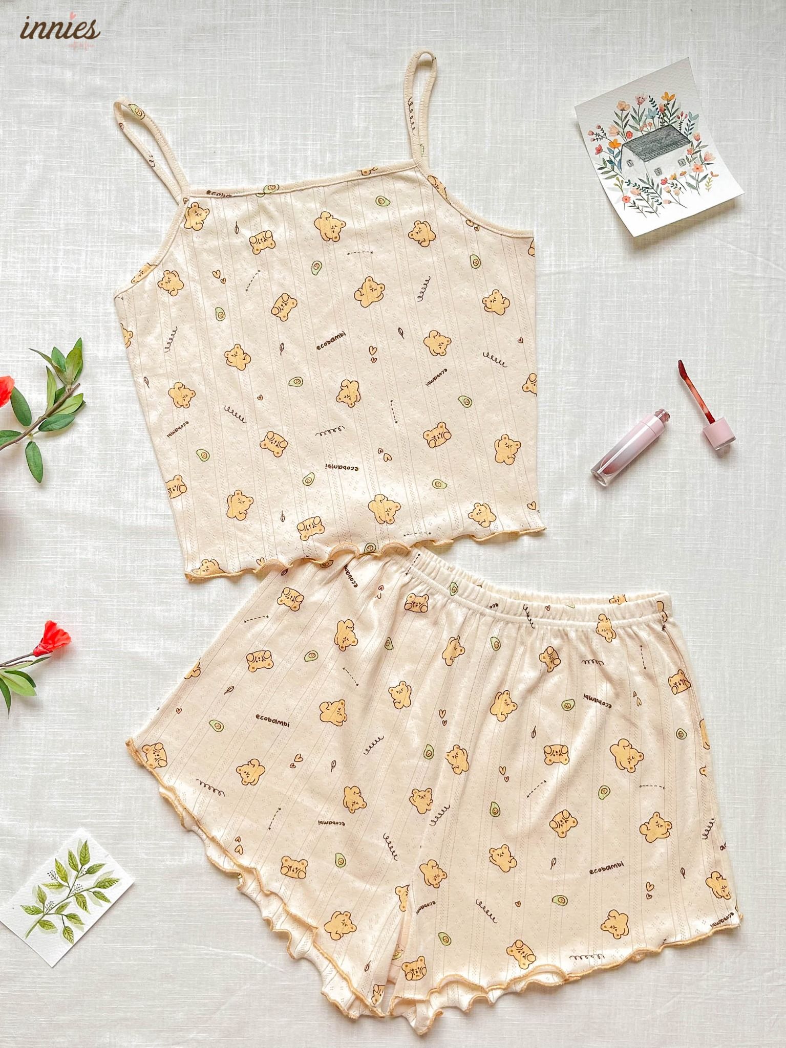Bộ 2 dây cho nữ mặc nhà in gấu dễ thương vải cotton kiểu dệt jacquard thông thoáng Innies - 8935334000742