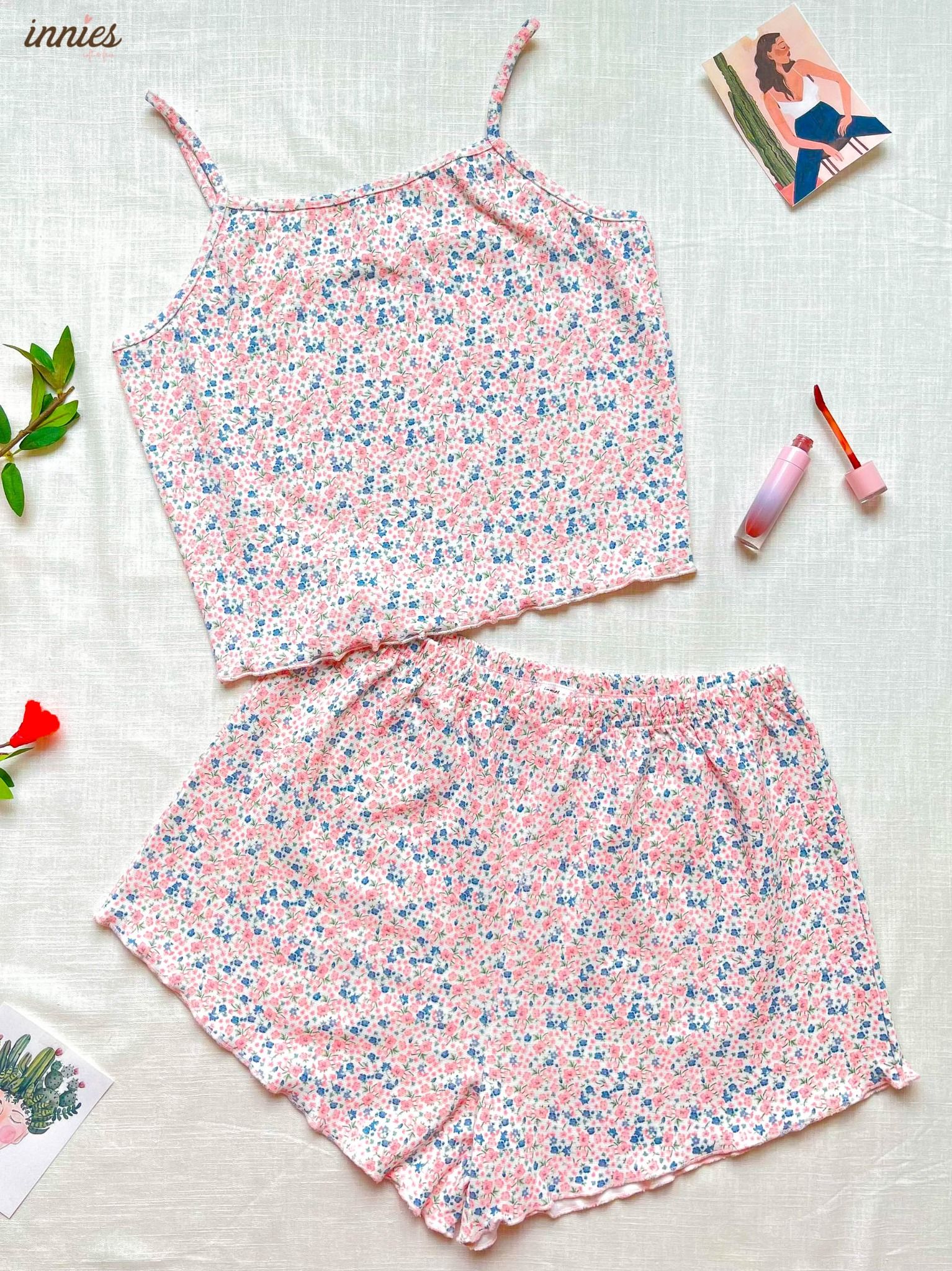Bộ 2 dây cho nữ mặc nhà cao cấp in hoa nhí dễ thương, chất vải thun cotton co giãn và đàn hồi tốt Innies