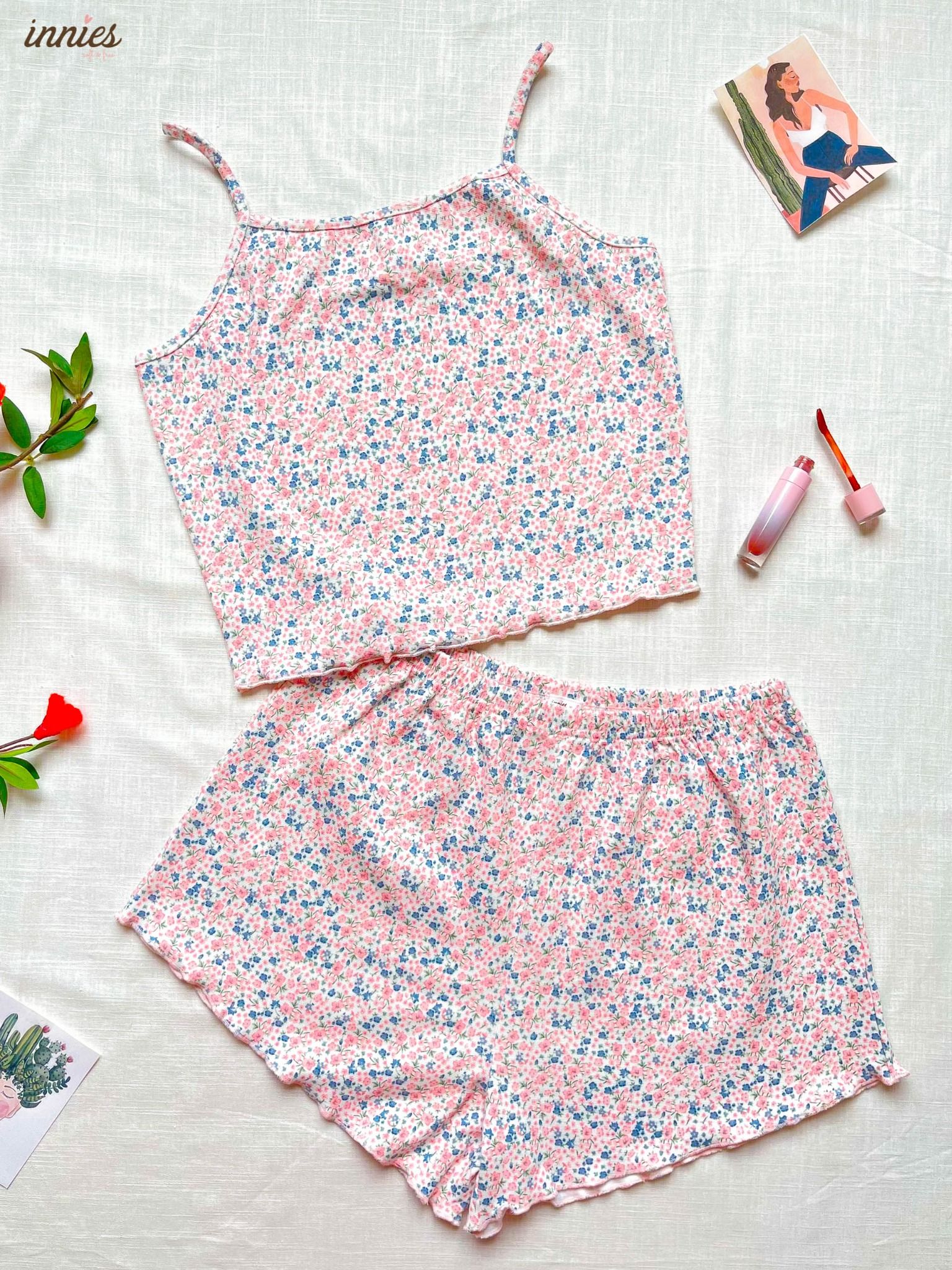 Bộ 2 dây cho nữ mặc nhà cao cấp in hoa nhí dễ thương, chất vải thun cotton co giãn và đàn hồi tốt Innies