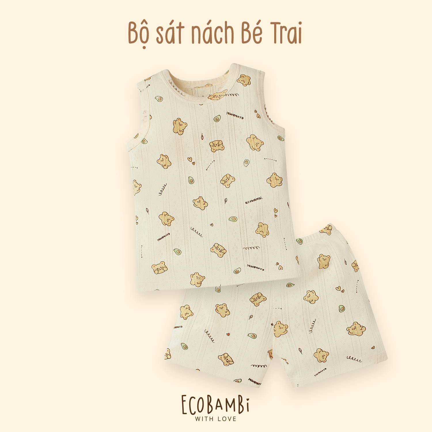 Bộ thun thông hơi cotton Hàn Quốc bé trai SÁT NÁCH, QUẦN SHORT kiểu dệt Jacquard in hoạ tiết Gấu - 8935334000537