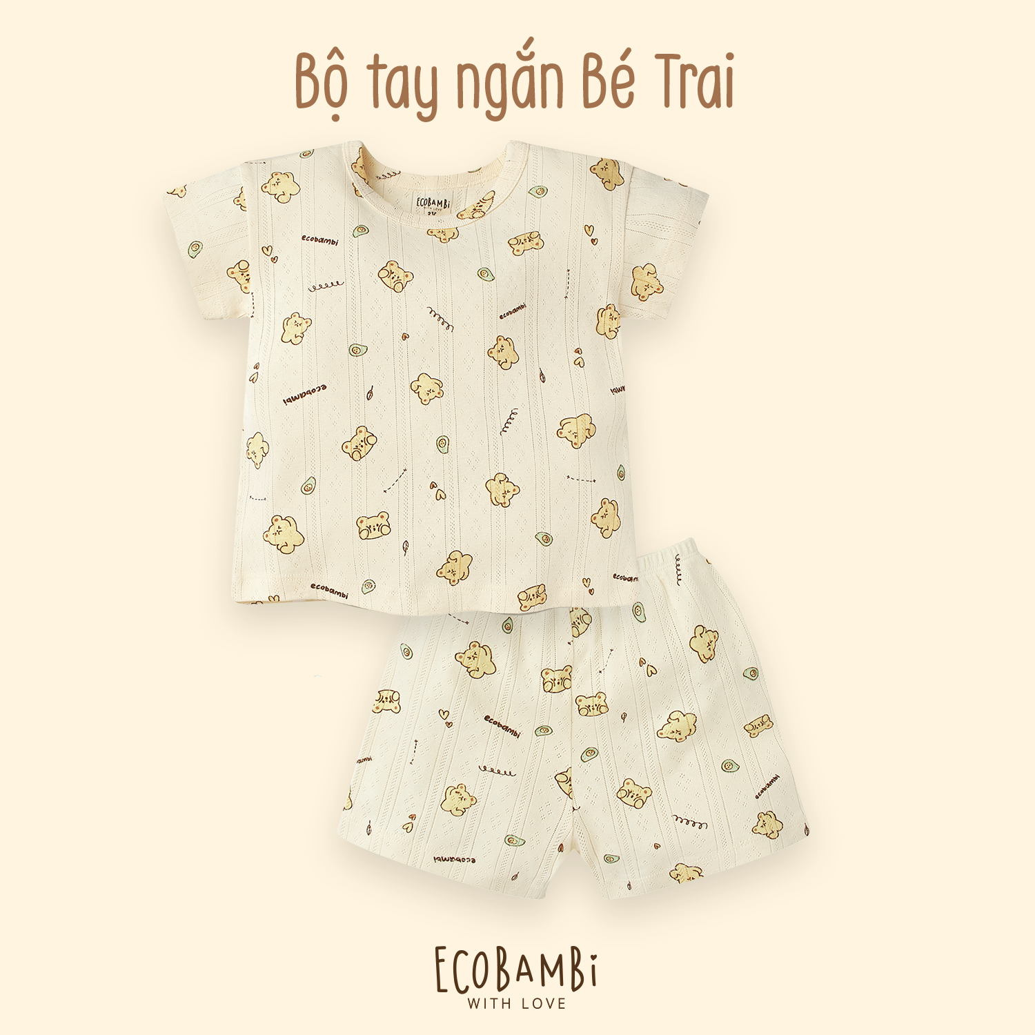 Bộ thun thông hơi cotton Hàn Quốc bé trai TAY NGẮN, QUẦN LỞ kiểu dệt Jacquard in hoạ tiết Gấu ECOBAMBI - 8935334000520