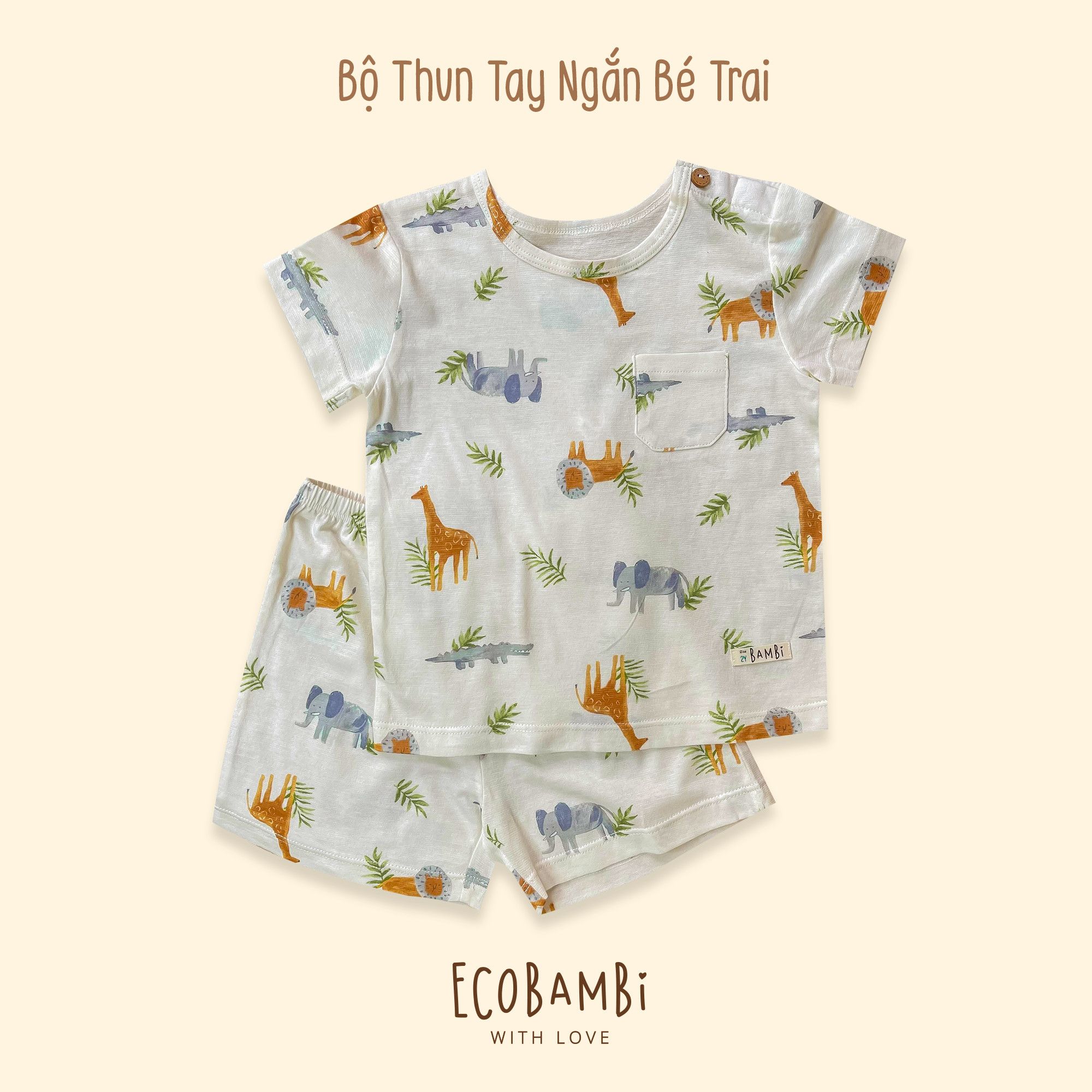 Bộ thun cotton giấy Hàn bé trai hoạ tiết safari Ecobambi