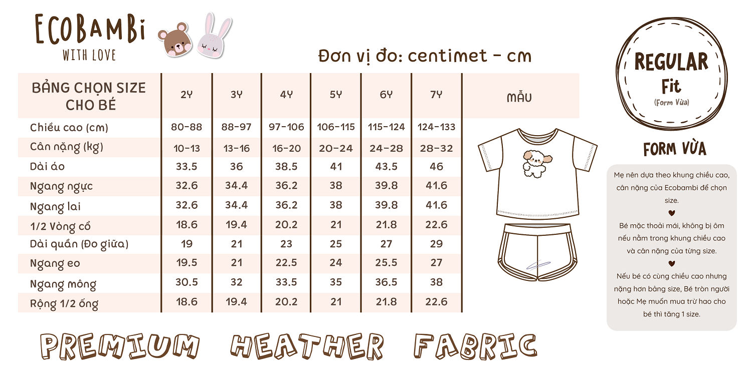 Bộ UNISEX QUẦN SHORT thun cotton Heather phong cách Hàn Quốc in hoạ tiết nổi dễ thương cho bé ECOBAMBI - 8935334000797