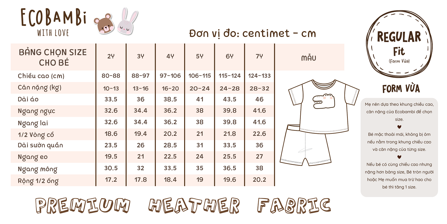 Bộ UNISEX quần LỠ thun cotton Heather phong cách Hàn Quốc in hoạ tiết nổi dễ thương cho bé ECOBAMBI