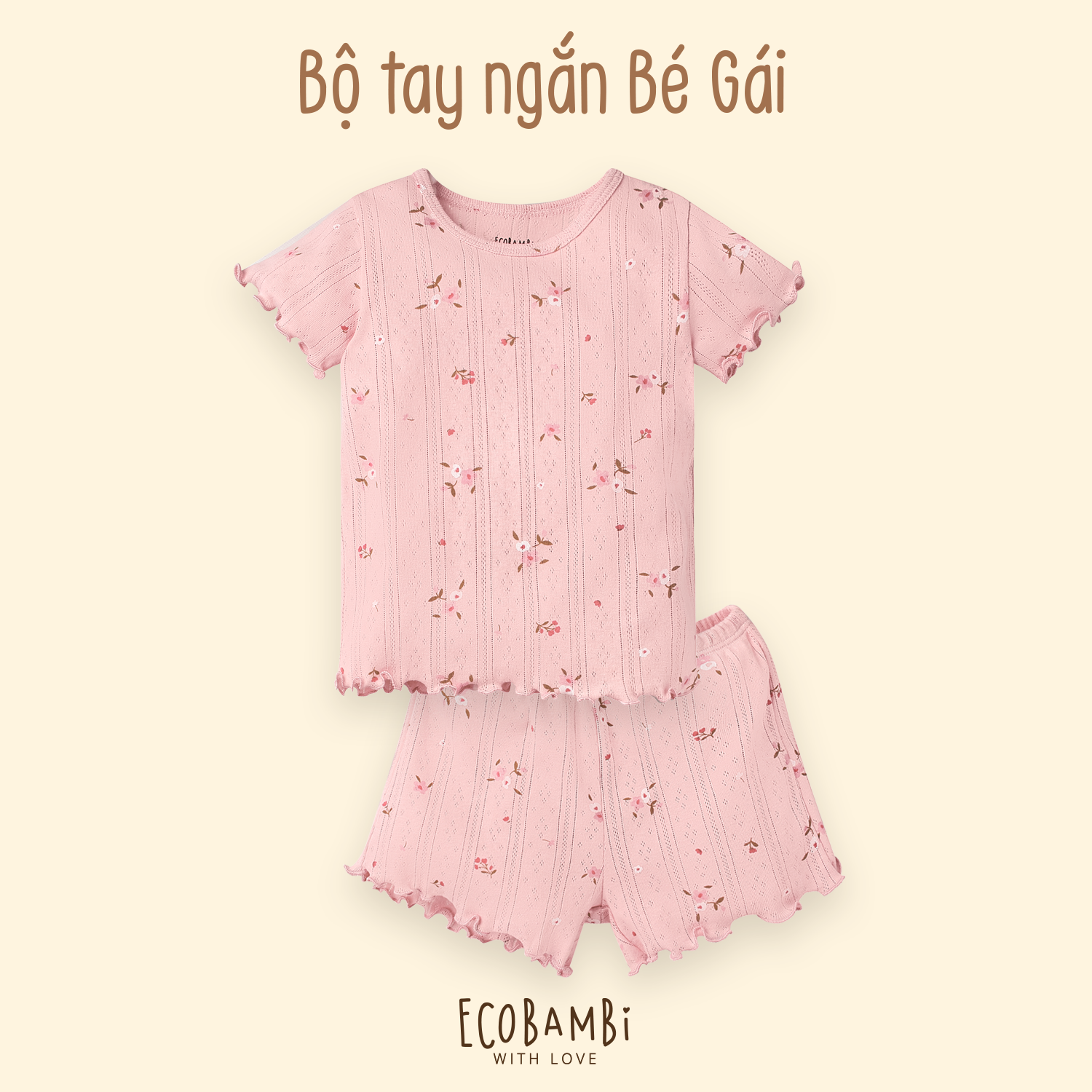 Bộ thun cotton Hàn bé gái TAY NGẮN kiểu dệt jacquard hoa nhí ECOBAMBI - 8935334000001