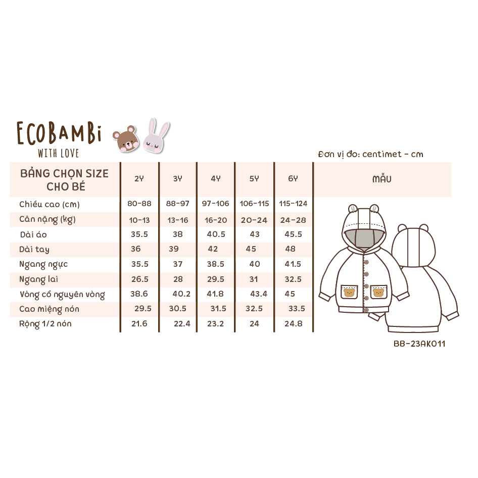 Áo khoác Unisex có nón chất vải thun dày dặn cho bé yêu BB-23AK011 - ECOBAMBI - 8935334001060
