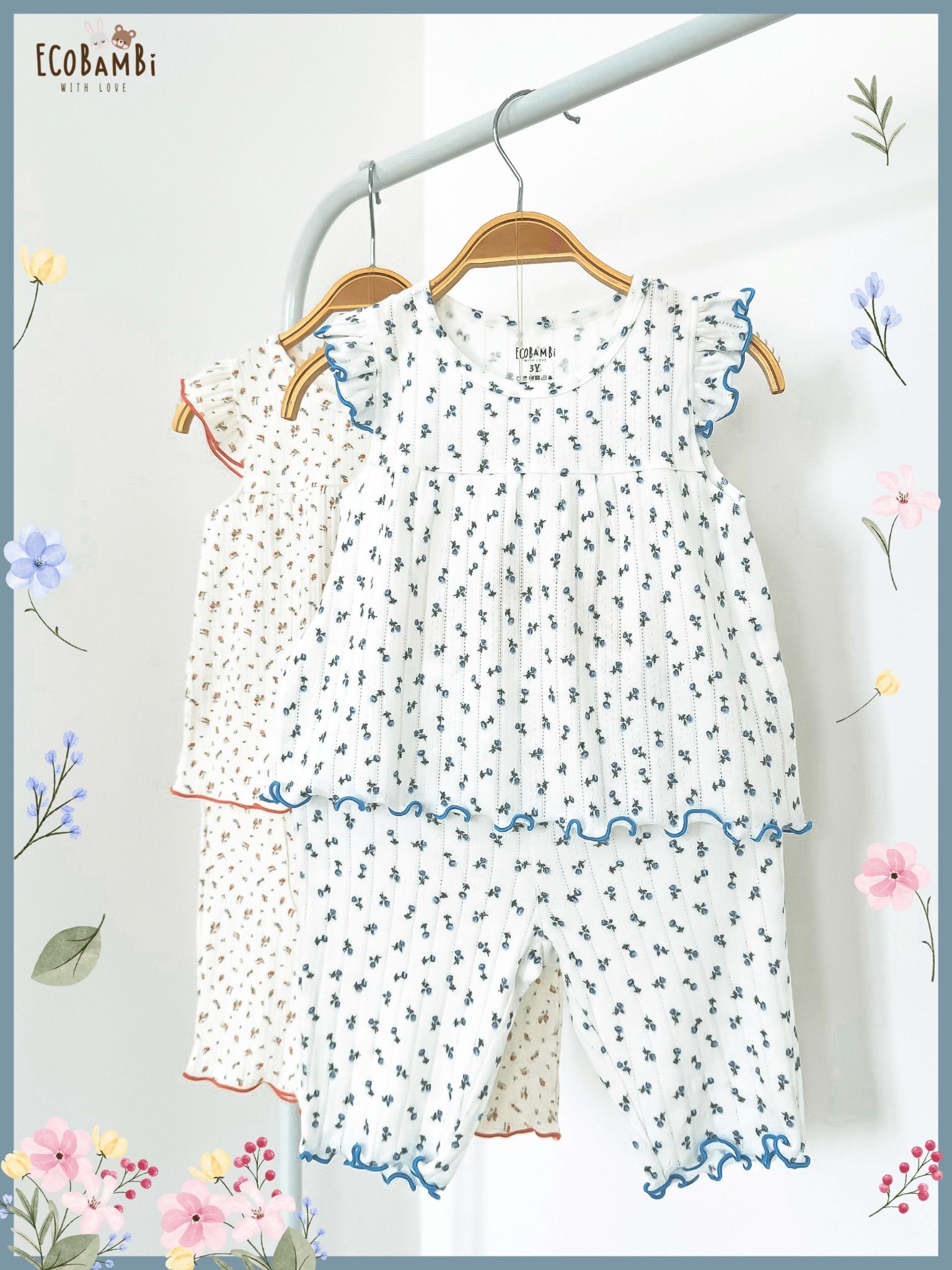 Bộ bé gái tay cánh tiên, quần lửng pointelle hoa nhí - BB-23BOBG022 - ECOBAMBI