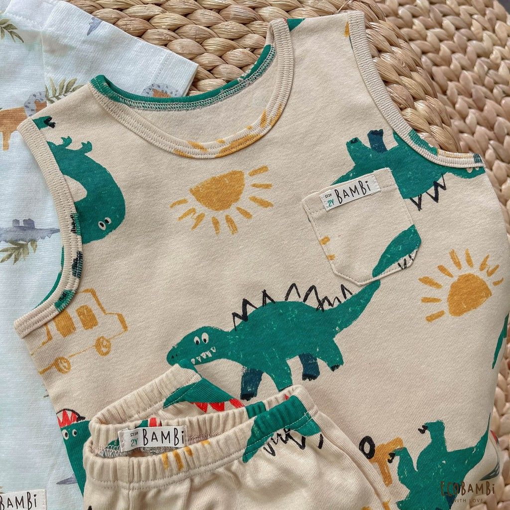 Bộ thun rib Hàn bé trai ba lỗ hoạ tiết khủng long Ecobambi